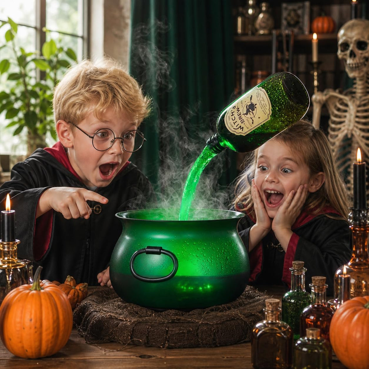 Large Translucent Witches Cauldron with Magic Floating Potion Bottles