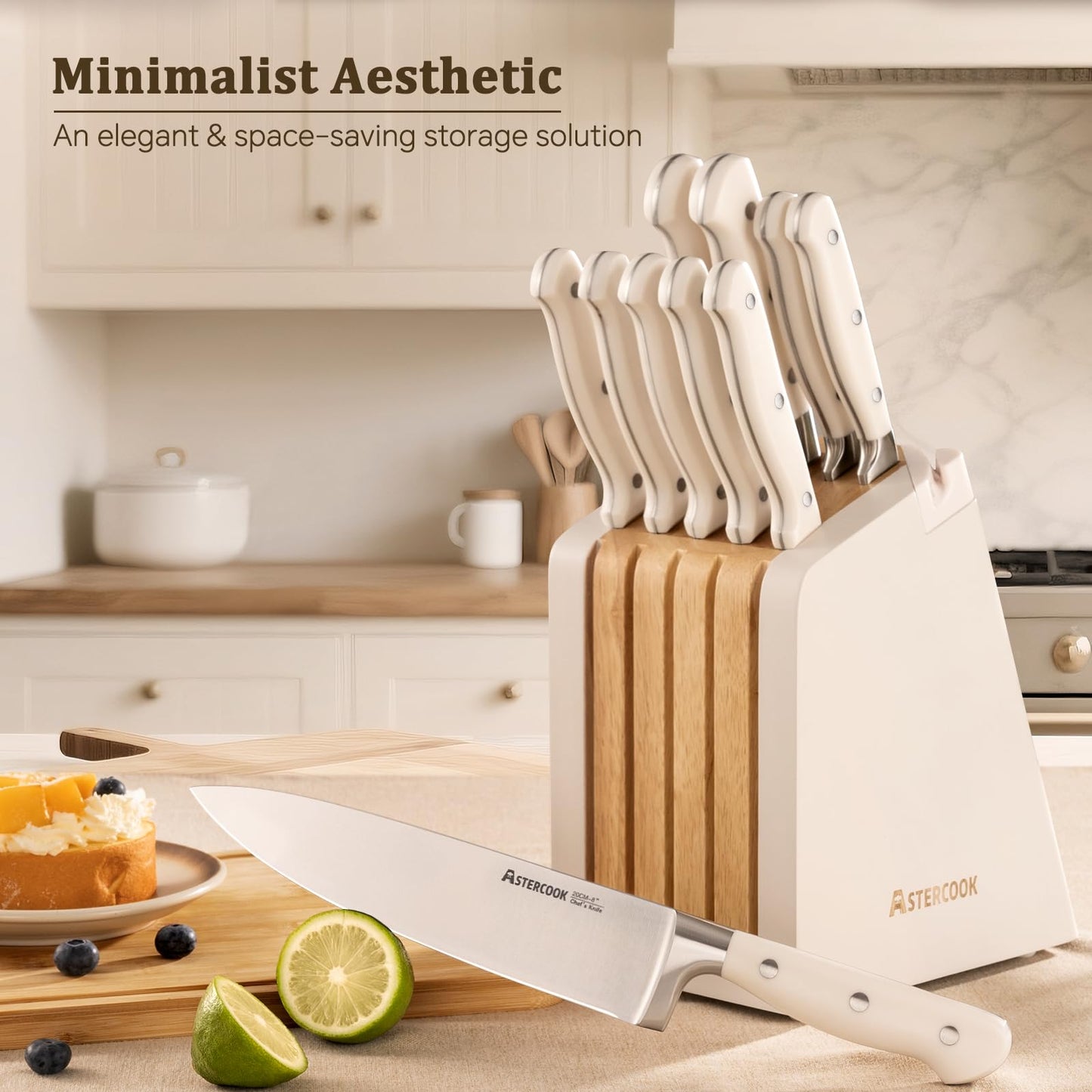 Knife Set,Astercook Kitchen Knife Set with Block 22-Piece Full Tang Stainless Steel Knives with Sharpener Dishwasher Safe and Anti-Slip Ergonomic Handle Elegant Cream White Utensils Set
