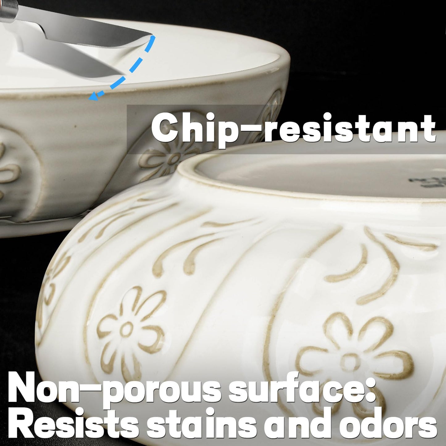 Artena Pasta Bowls, 50oz Large Salad Serving Bowls, 9.75'' Plates Bowl Set of 4, Big White Ceramic Soup Bowl for Kitchen, Embossment Shallow Dinner Bowl, Microwave Dishwasher Safe, Damask Floral