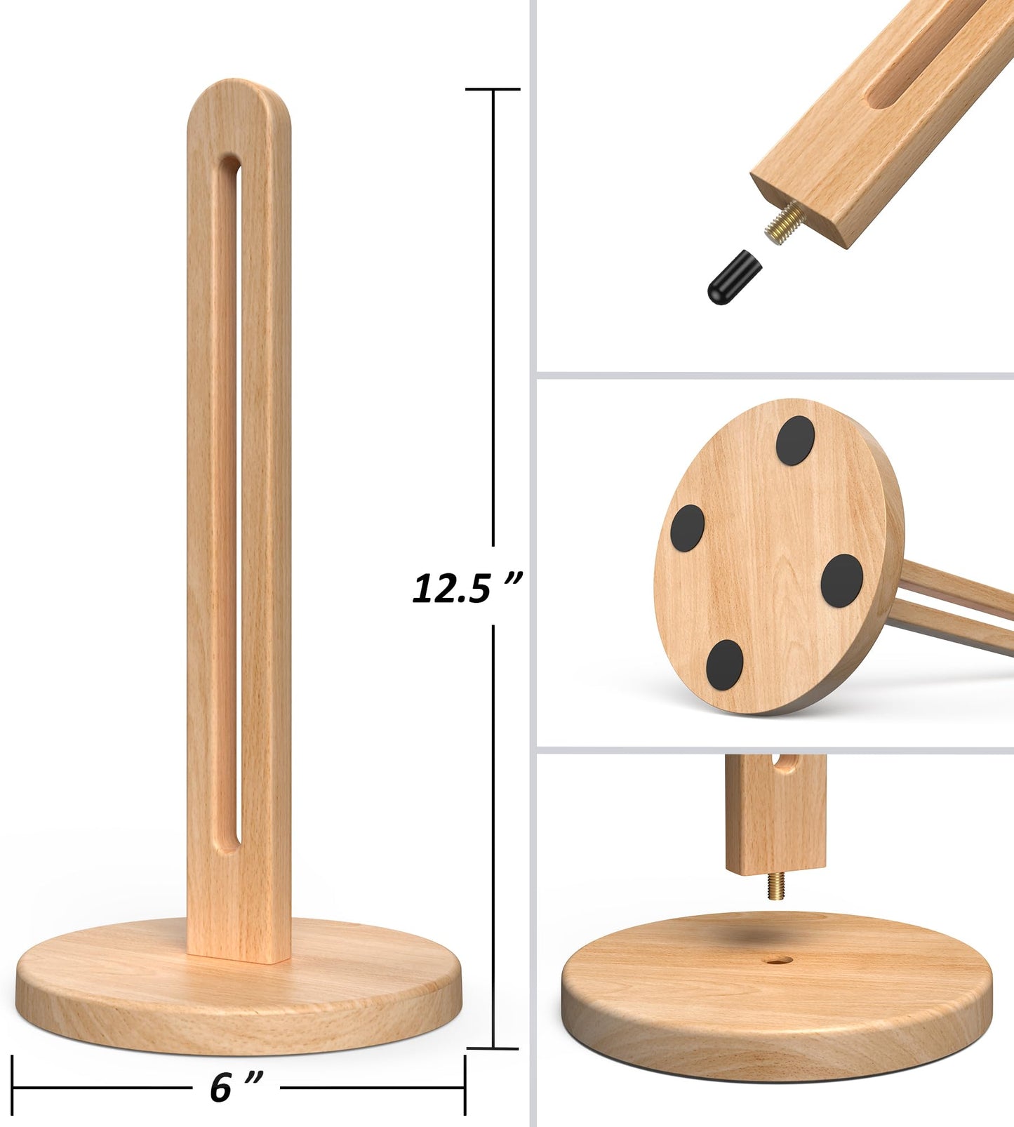 KitchLife Acacia Wooden Paper Towel Holder Countertop, 6.5" Jumbo Base, Fits Jumbo Rolls, Large Freestanding Dark Wood Paper Towel Stand Upgraded Dispenser Organizer with Non-Slip Base