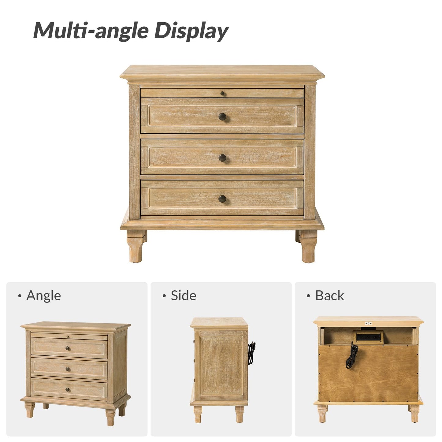 Solid Wood 3 Drawer End Table with Tray