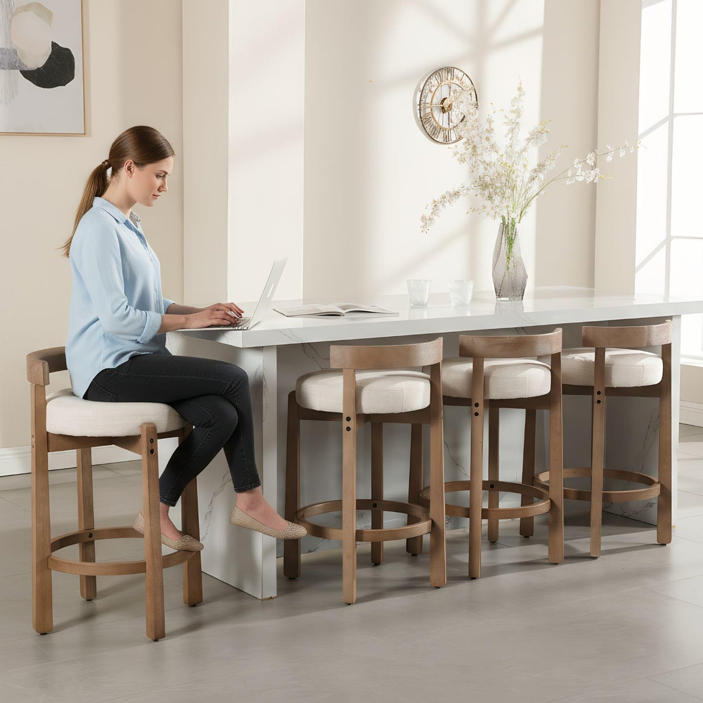 LukeAlon Mid Century Linen Counter Stools Set of 3, Upholstered 26.5" Seat Height Low Barstools with Natural Wood Legs Round Low Back Kitchen Stools with Footrest for Dining Room, Beige
