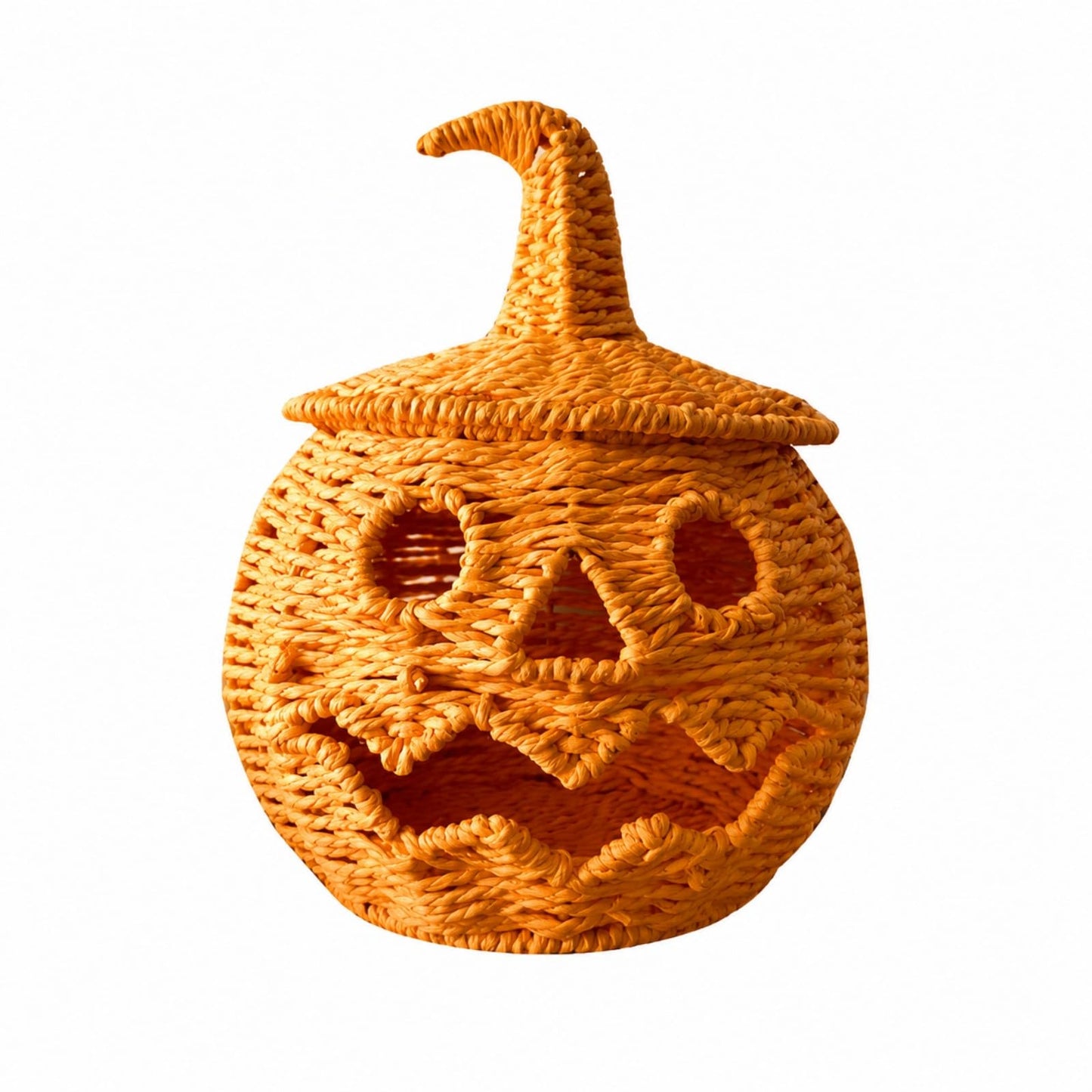 Rattan Lantern Pumpkin Candle Holder with Witch Hat Shape Lid