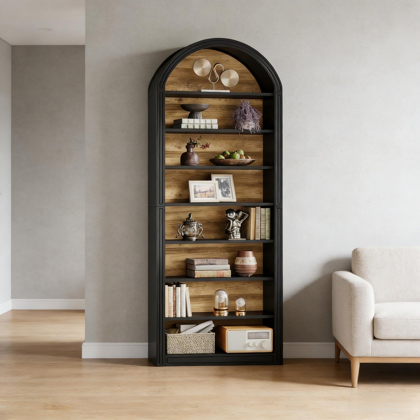 Arched 8 Tier Tall Bookshelf with Wood Back Panel