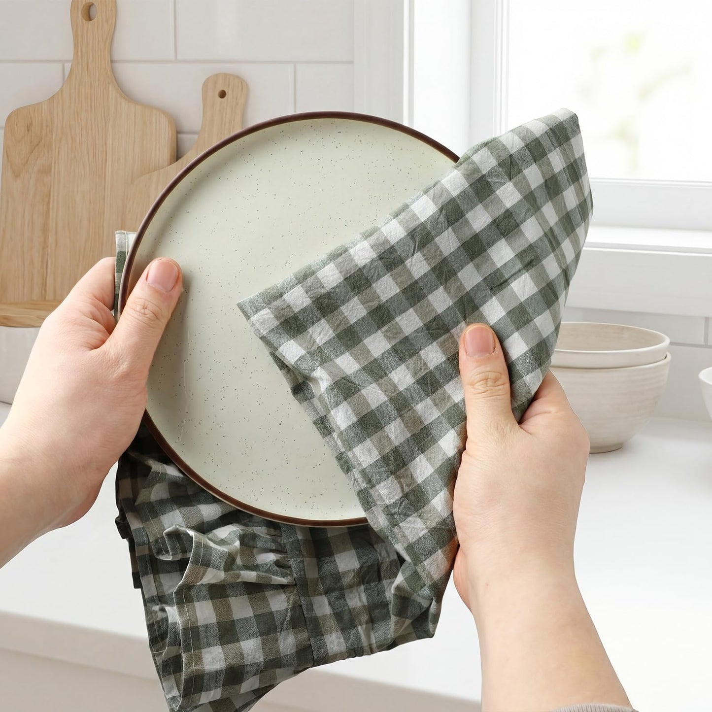 HunnmingRe Taupe Kitchen Towels Set of 2, 100% Cotton Ruffled Gingham Dish Towels 18"x28" Tea Cloths Classic Plaid Pattern for Farmhouse Charm, Drying Dishes, Entertaining Guests