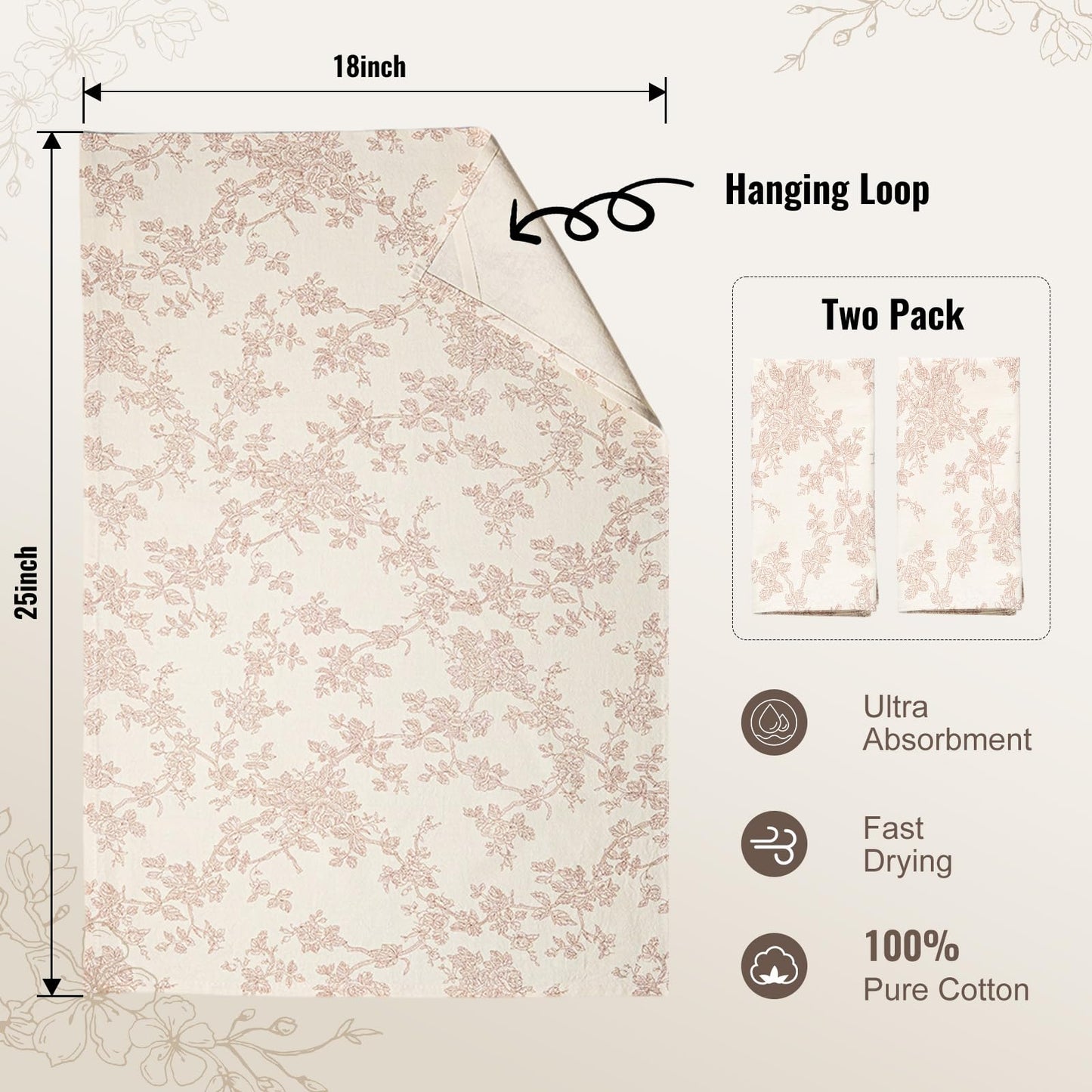 100% Cotton French Pastoral Kitchen Towels Set of 2, Decorative Flour Sack Tea Towels with Hanging Loop 18x25 Inch Absorbent Dish Cloths Farmhouse Home Decor, Brown