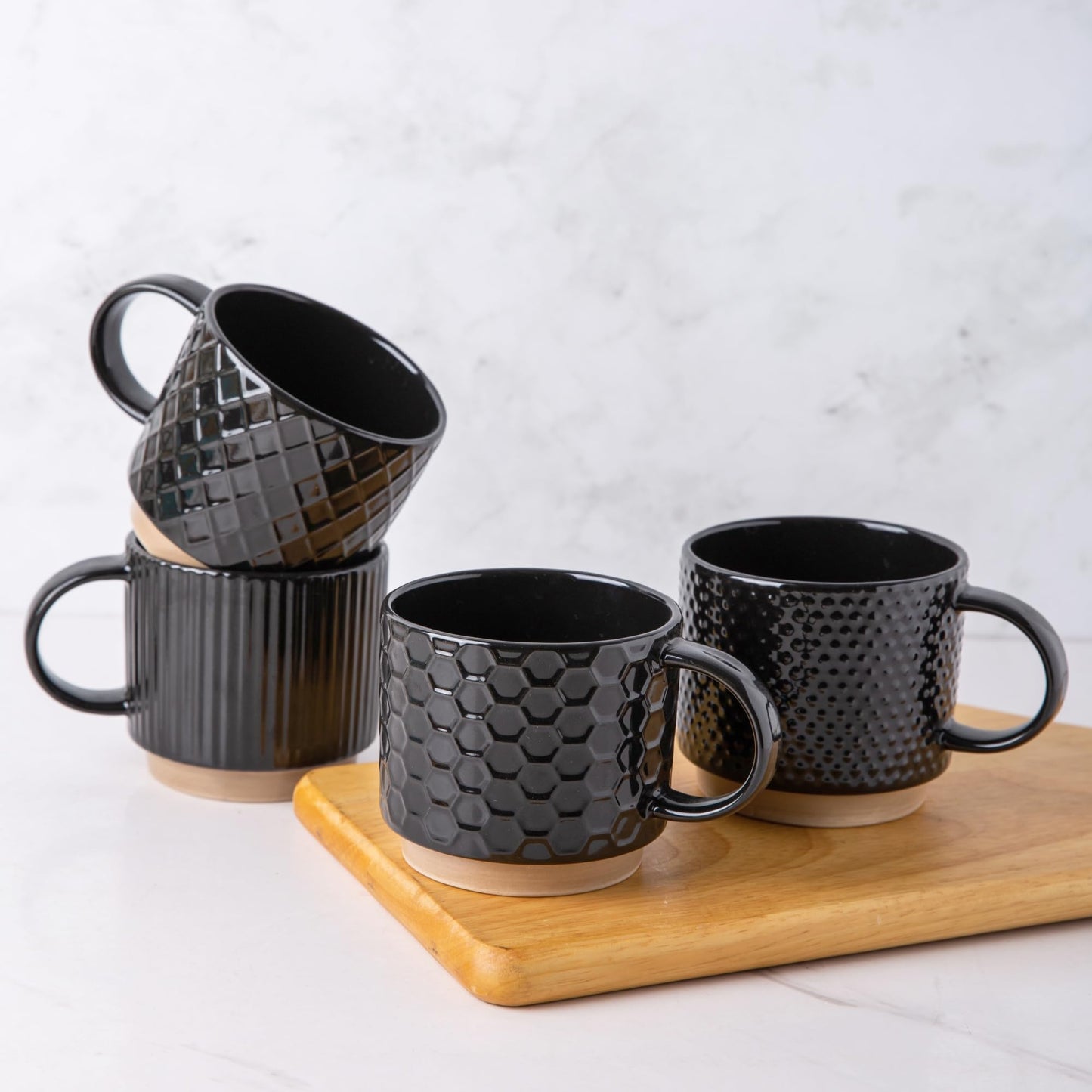 GBhome 12OZ Stackable Coffee Mugs, Ceramic Coffee Mugs with Texture Patterns for Man,Woman,Dad,Mom, Modern Coffee Mugs Set of 4 for Latte/Cappuccino/Cocoa. Dishwasher&Microwave Safe, Pale Khaki