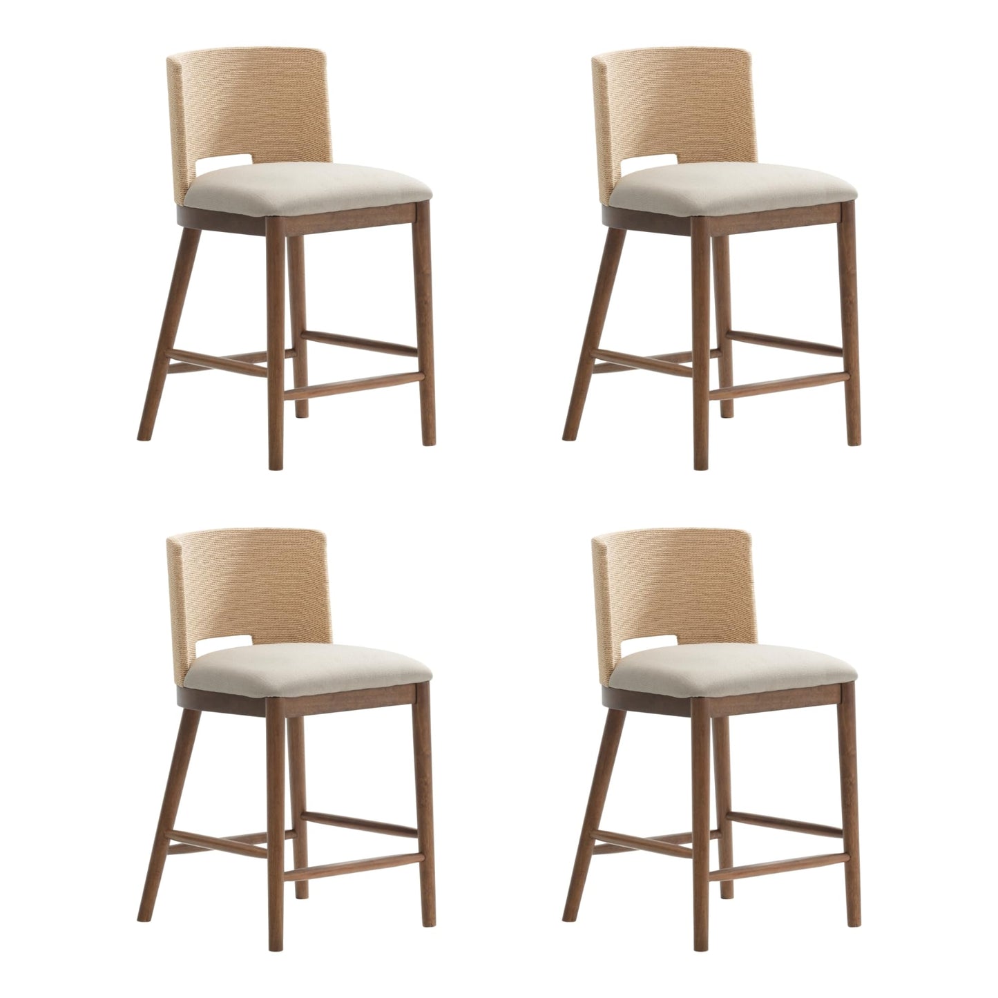 Nathan James Rikki Seagrass Bar Stool with Back, 2-Pack Boucle Counter Stool with Upholstered Seat, Solid Wood Frame, and Woven Seagrass Backrest