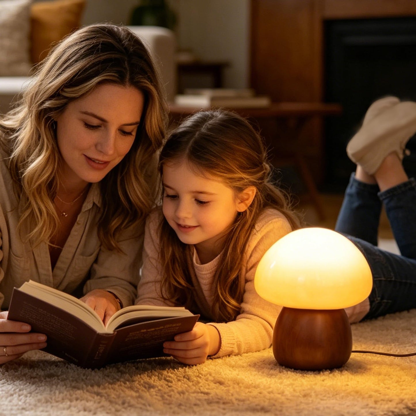 Brass Base Mushroom Table Lamp for Bedroom, Small Desk Lamp with Amber Glass Shade, LED Three Color Temperature Adjustable Brightness Modern Side Table Lighting (H 15.4 in)