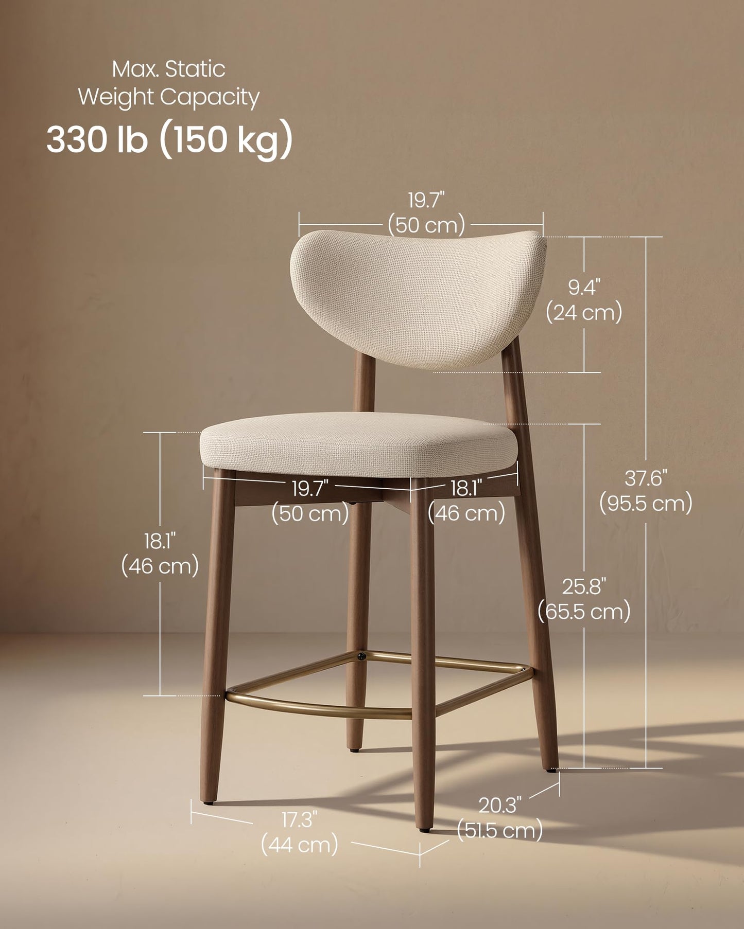 VASAGLE Wooden Bar Stools Set of 2, Upholstered Counter Height Barstools with Solid Wood Legs, Ergonomic Backrest, Mid Century Modern, for Kitchen Island, Linen-Look Fabric, Cappuccino Beige