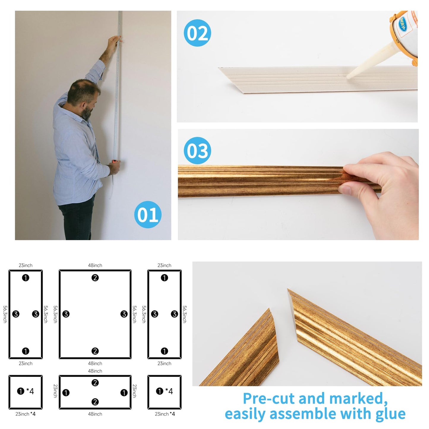 Pre-Cut Wall Molding Set of 6 pcs, Ready-to-Assemble Wainscoting Panels