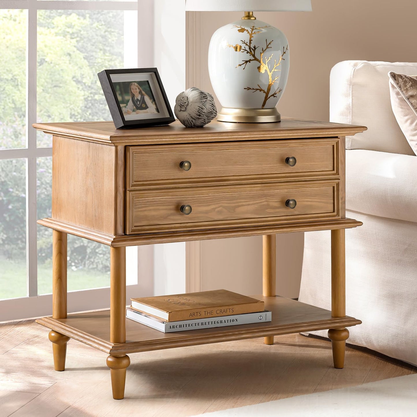 Natural Wood Nightstand with Drawer & Open Shelf