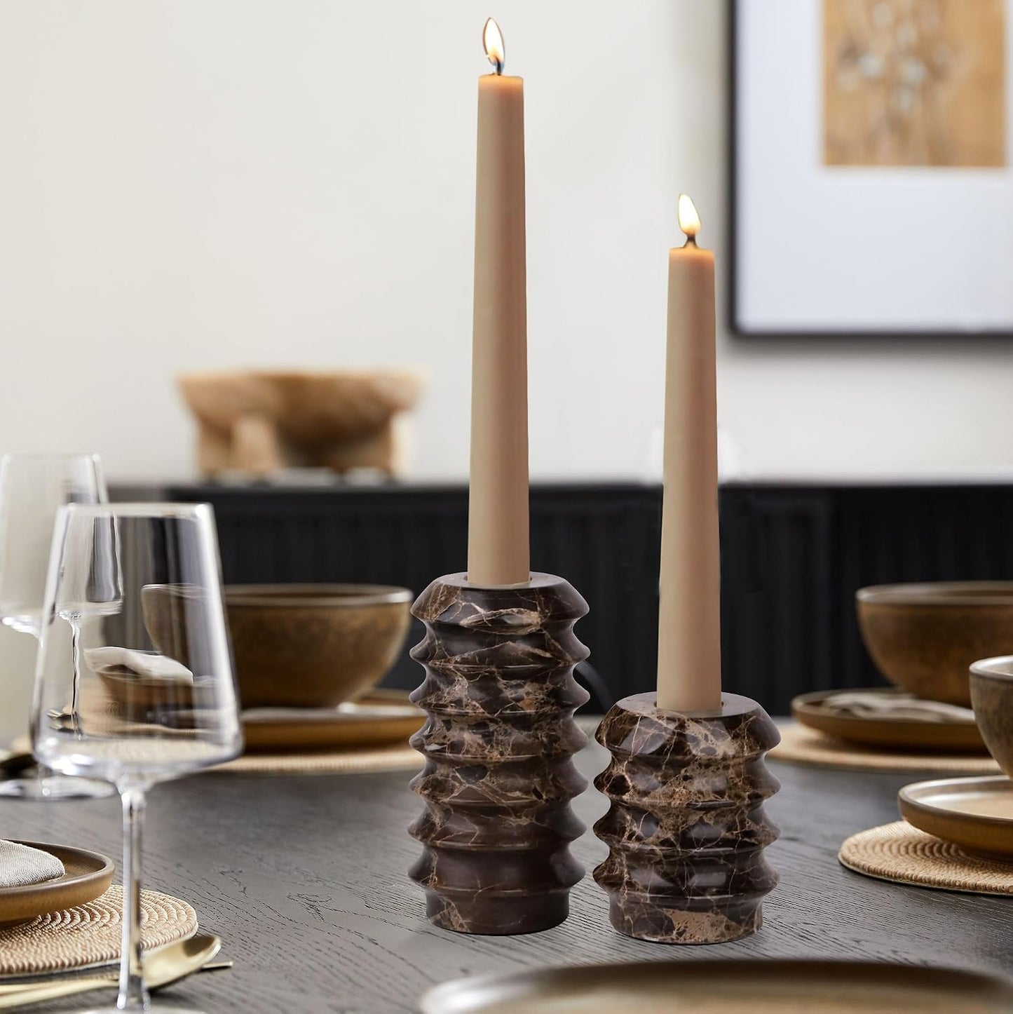 Marble Candlestick Holders, Set of 2 Natural Stone