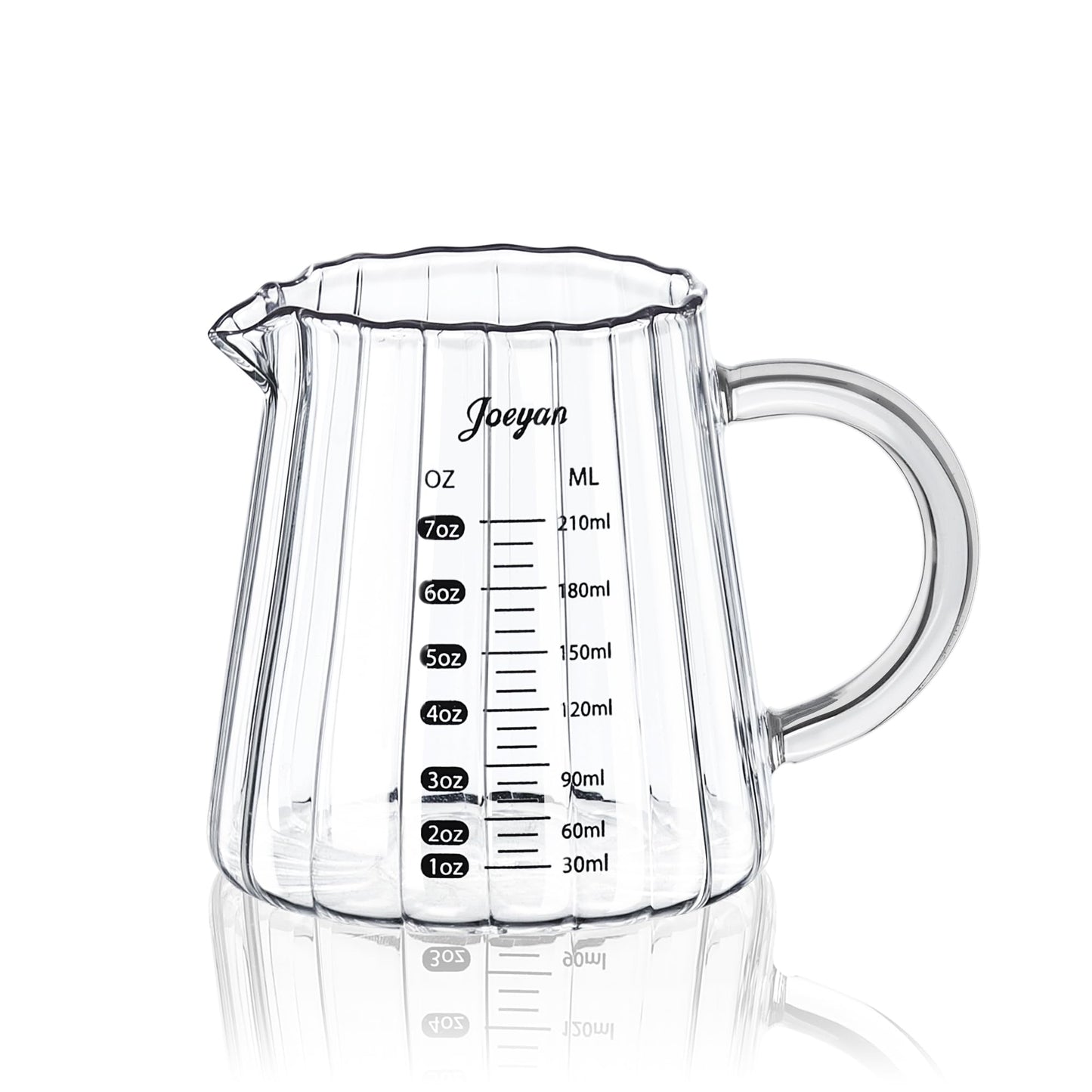 Joeyan 6 oz Glass Measuring Cups with Spout,Borosilicate Glass Triple Pitcher with Scale,Origami Style Espresso Shot Glasses with Wood Handle for Coffee Milk,Dishwasher Safe
