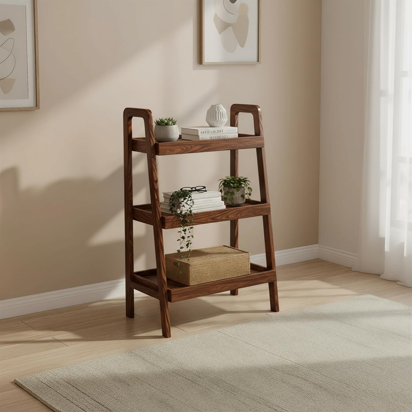 Solid Oak 3 Tier Ladder Bookshelf