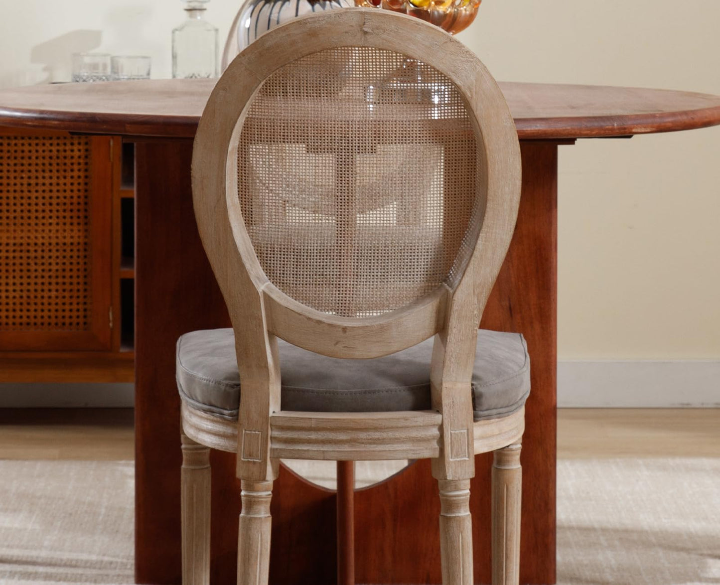 chairus Farmhouse Dining Chairs Set of 2, Round Rattan Back French Country Dining Room Chairs Vintage Fabric Upholstered Chair with Rustic Wood Legs, Beige 2 PCS