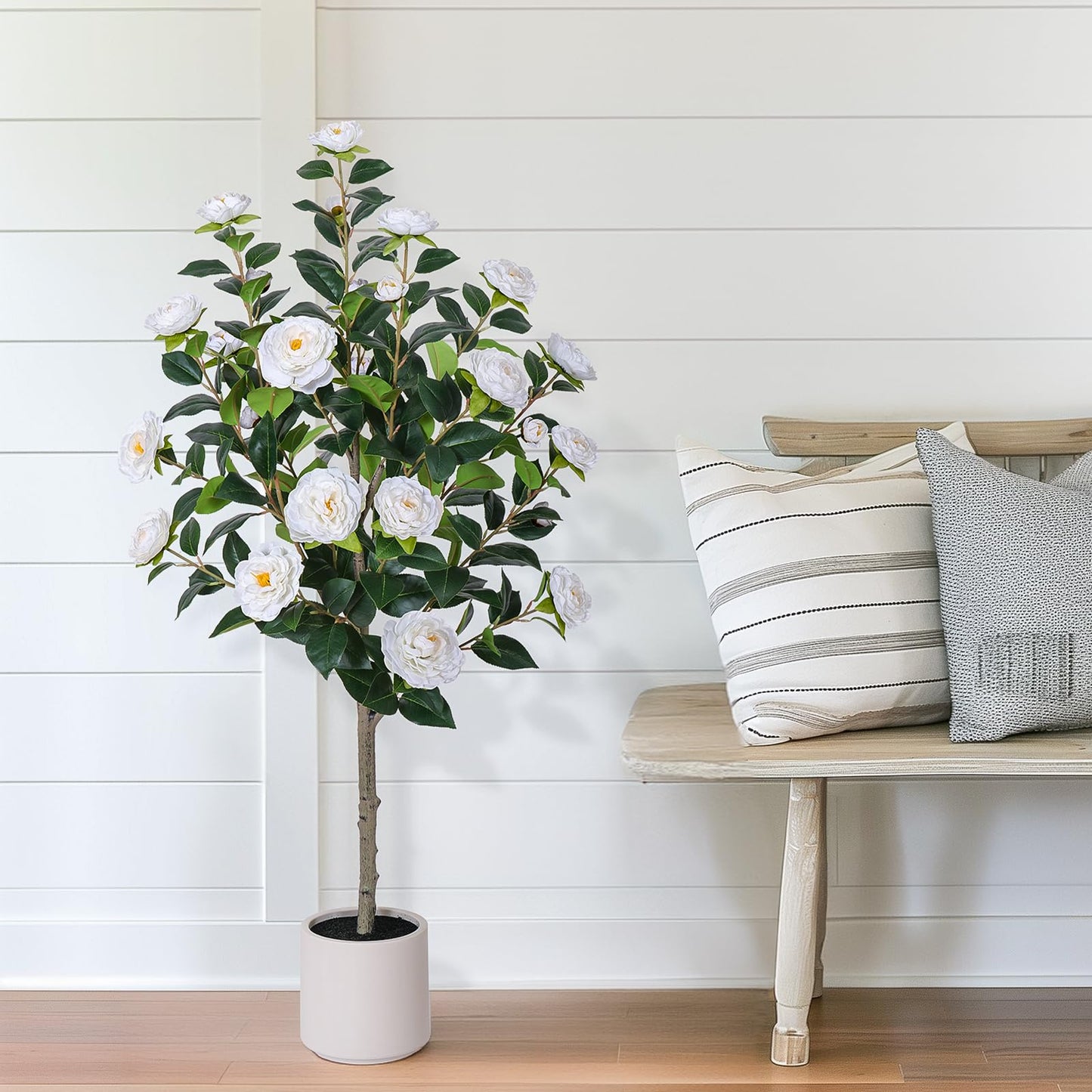 Yepdin 63 inch Artificial Camellia Tree with White Flower Pots - White Fake Tree,5 Ft Faux Plants Indoor wich Blooming,Artificial Plants for Indoor & Outdoor Home Front Door Decor