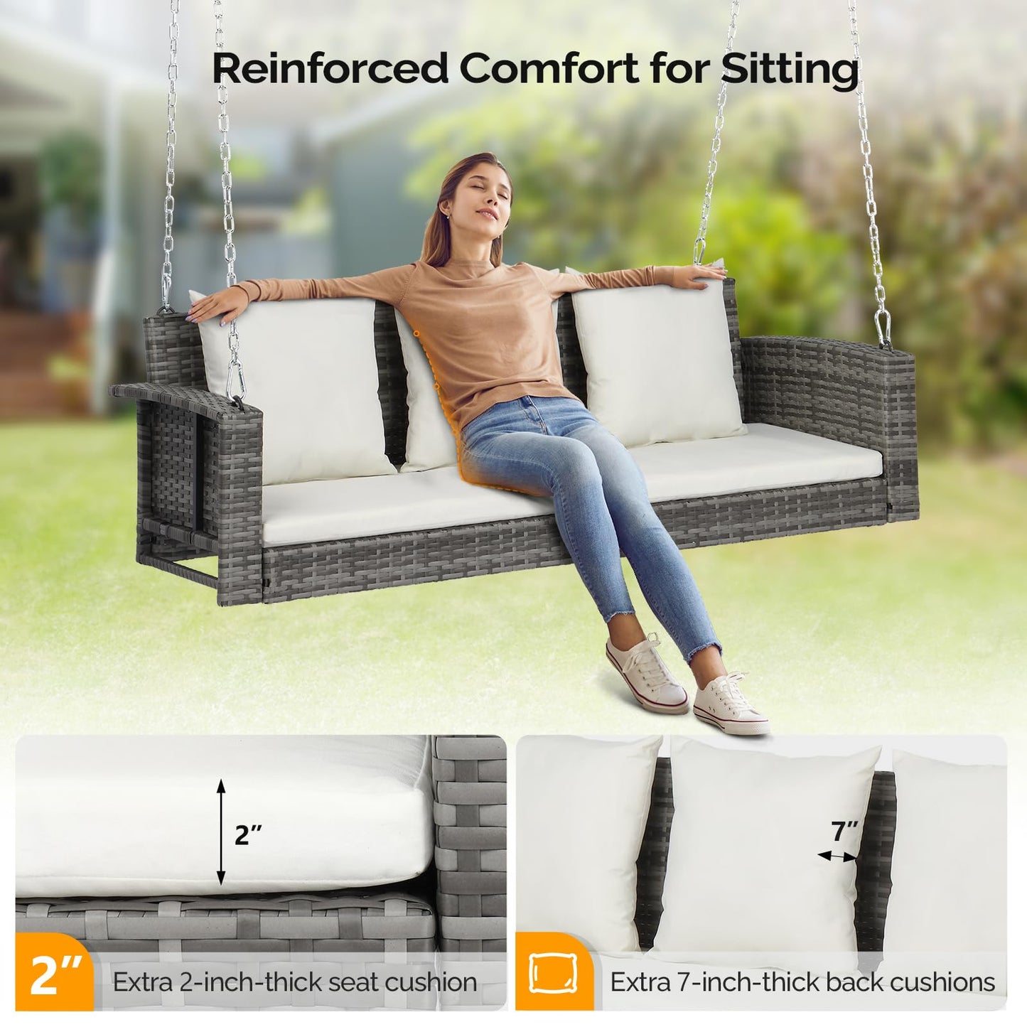 VINGLI 2.4 FT 1-Person Use Round Rattan Porch Swing Outdoor Support 440 LBS with Cushions & Adjustable Chains, Patio Wicker Swing Bench Chair for Garden, Yard, Lawn, Tree, Brown