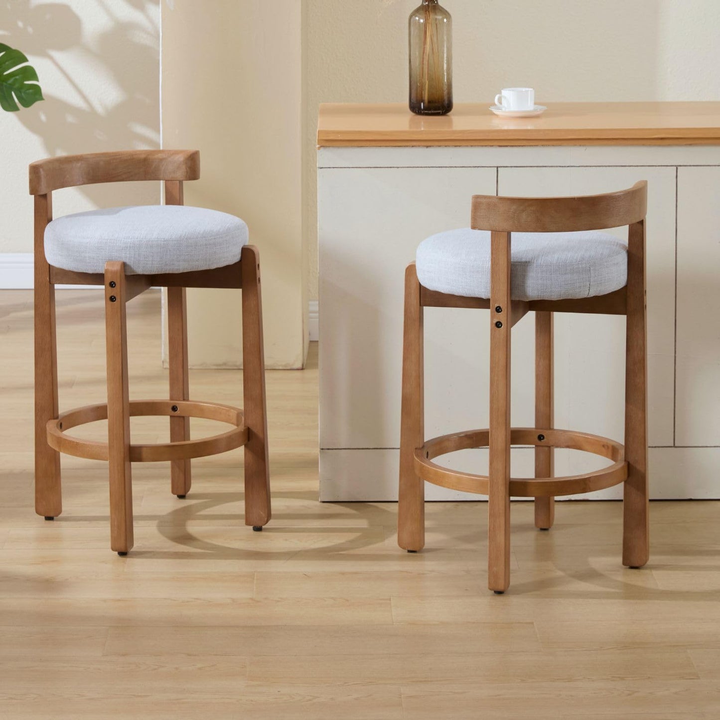 LukeAlon Mid Century Linen Counter Stools Set of 3, Upholstered 26.5" Seat Height Low Barstools with Natural Wood Legs Round Low Back Kitchen Stools with Footrest for Dining Room, Beige