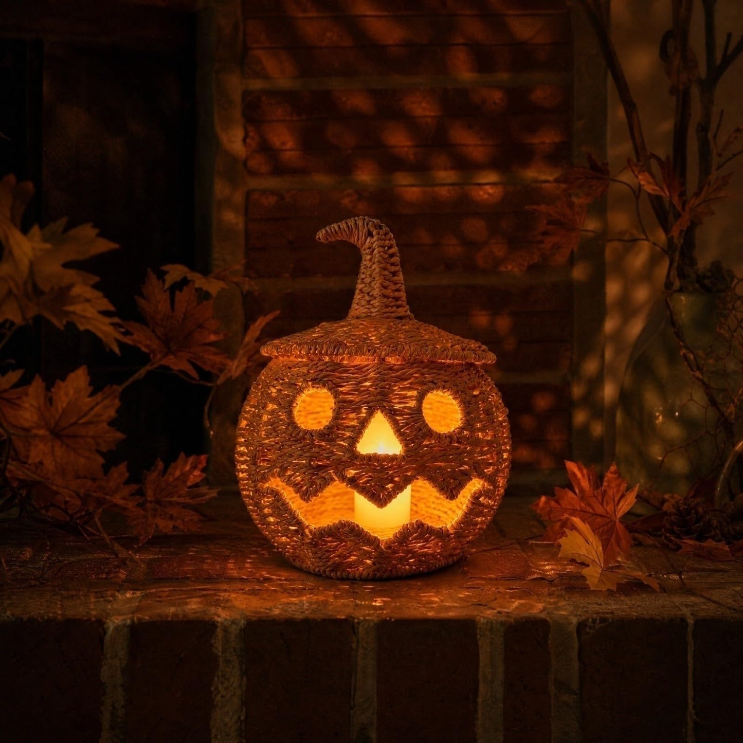 Rattan Lantern Pumpkin Candle Holder with Witch Hat Shape Lid
