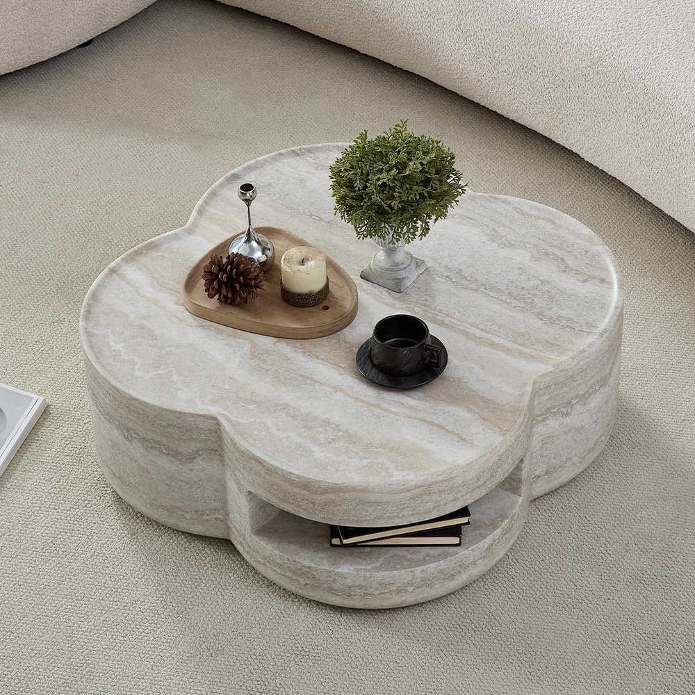 WILLIAMSPACE 43.31" Rectangle Coffee Table with Burl Wood Veneer & Sturdy Base, Modern Luxury Wood Drum Center Table End Table Accent Side Table for Living Room, Minimalist Fluted Design, Oak