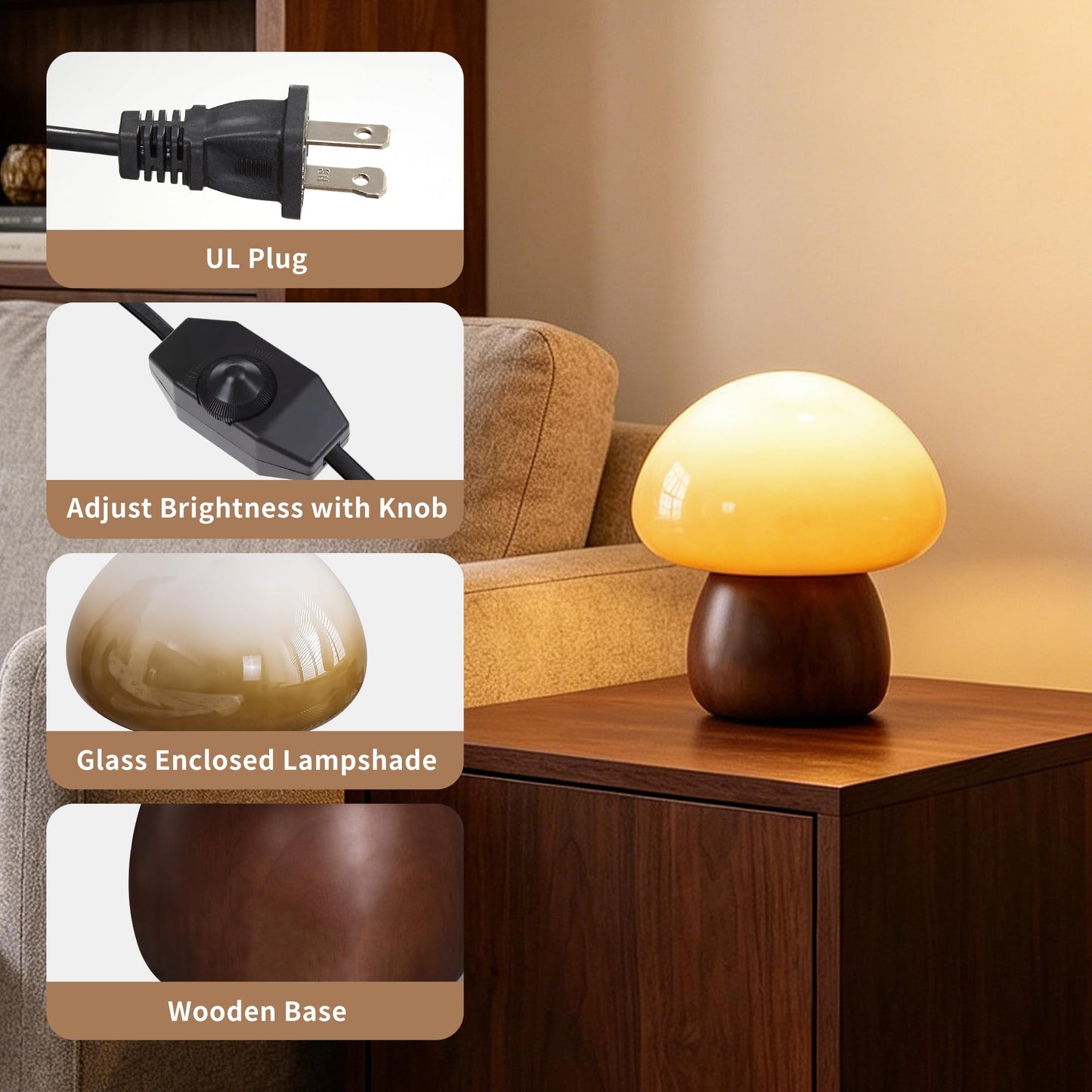 Brass Base Mushroom Table Lamp for Bedroom, Small Desk Lamp with Amber Glass Shade, LED Three Color Temperature Adjustable Brightness Modern Side Table Lighting (H 15.4 in)