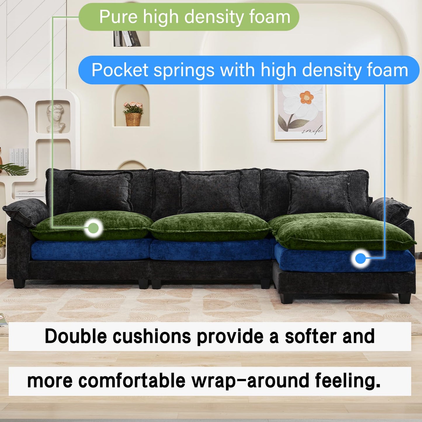 120" Modular Sectional Sofa, Comfy Cloud Couch Sectional Sofa with Ottoman, Chenille Sofa Sleeper Deep Seat Sofa with Throw Pillows for Living Room (Beige White, 120"- U Shape)