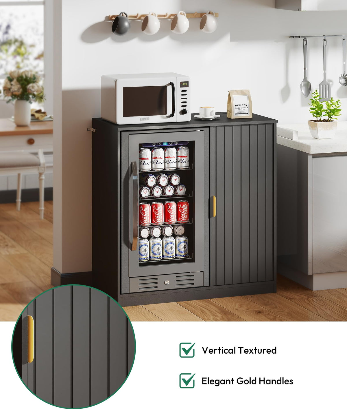 Mini Fridge Cabinet with Hutch and Wine Glass Rack
