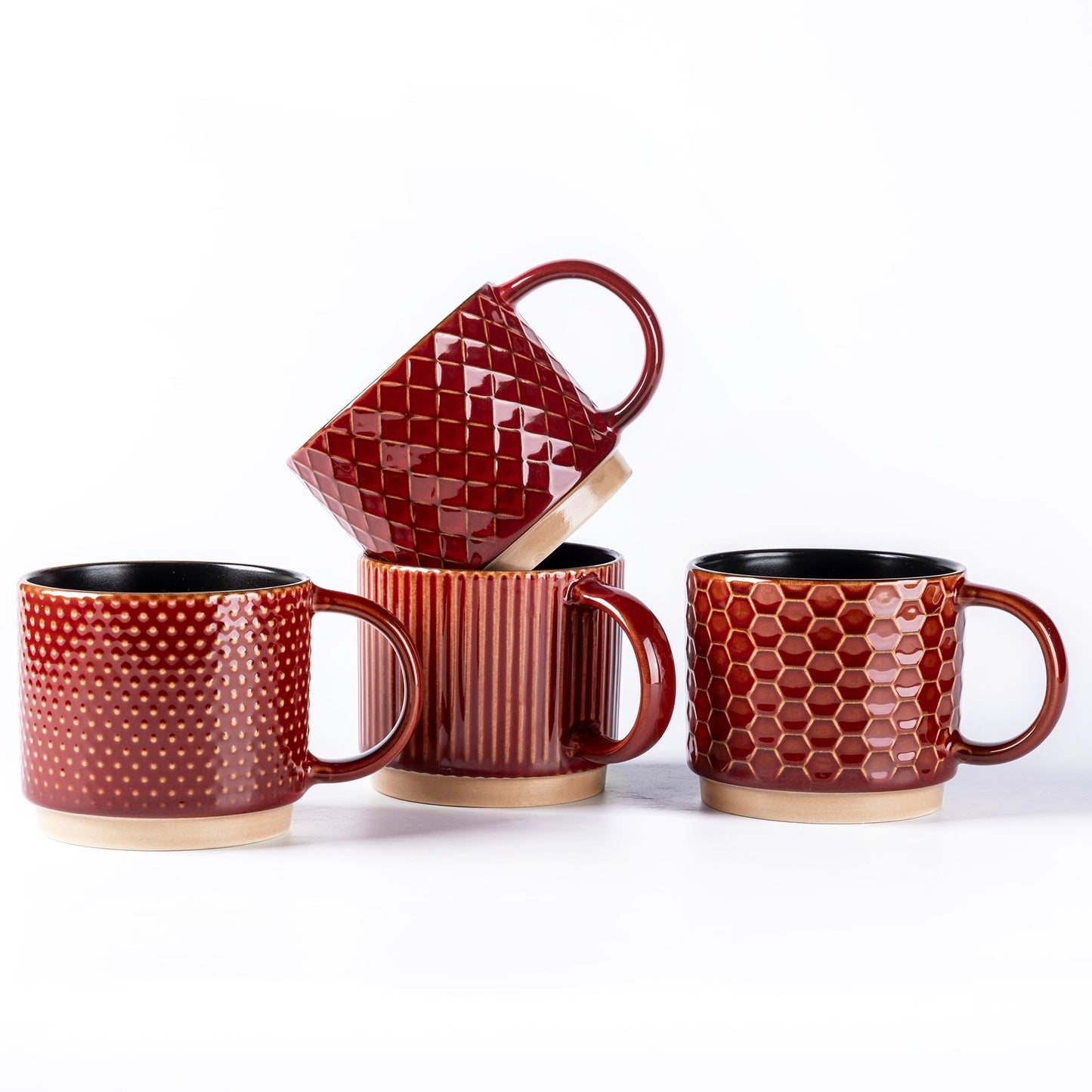 GBhome 12OZ Stackable Coffee Mugs, Ceramic Coffee Mugs with Texture Patterns for Man,Woman,Dad,Mom, Modern Coffee Mugs Set of 4 for Latte/Cappuccino/Cocoa. Dishwasher&Microwave Safe, Pale Khaki