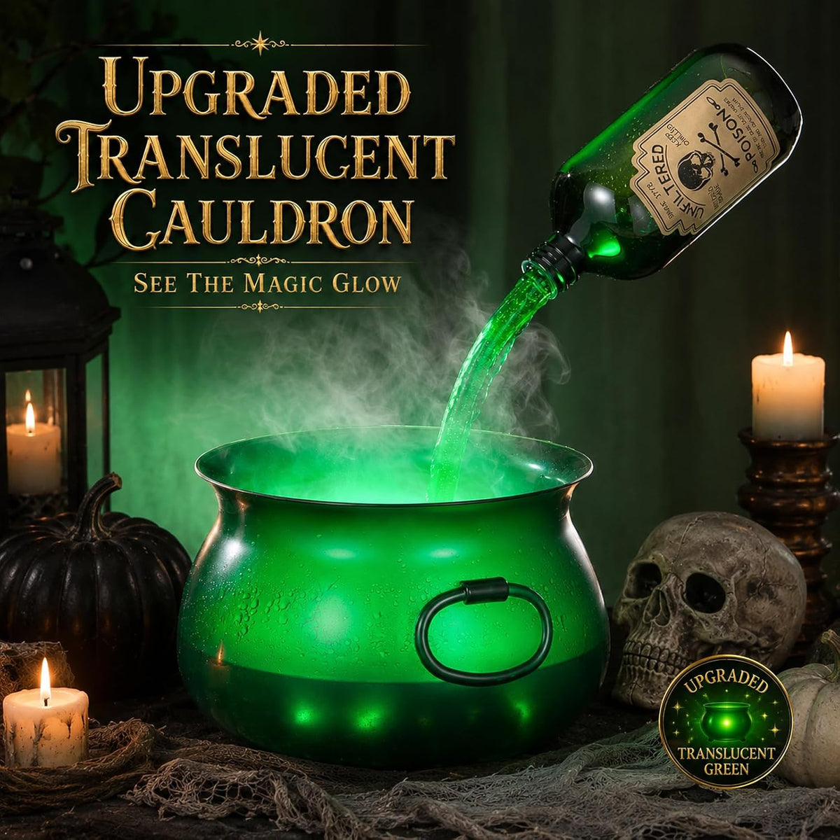 Large Translucent Witches Cauldron with Magic Floating Potion Bottles