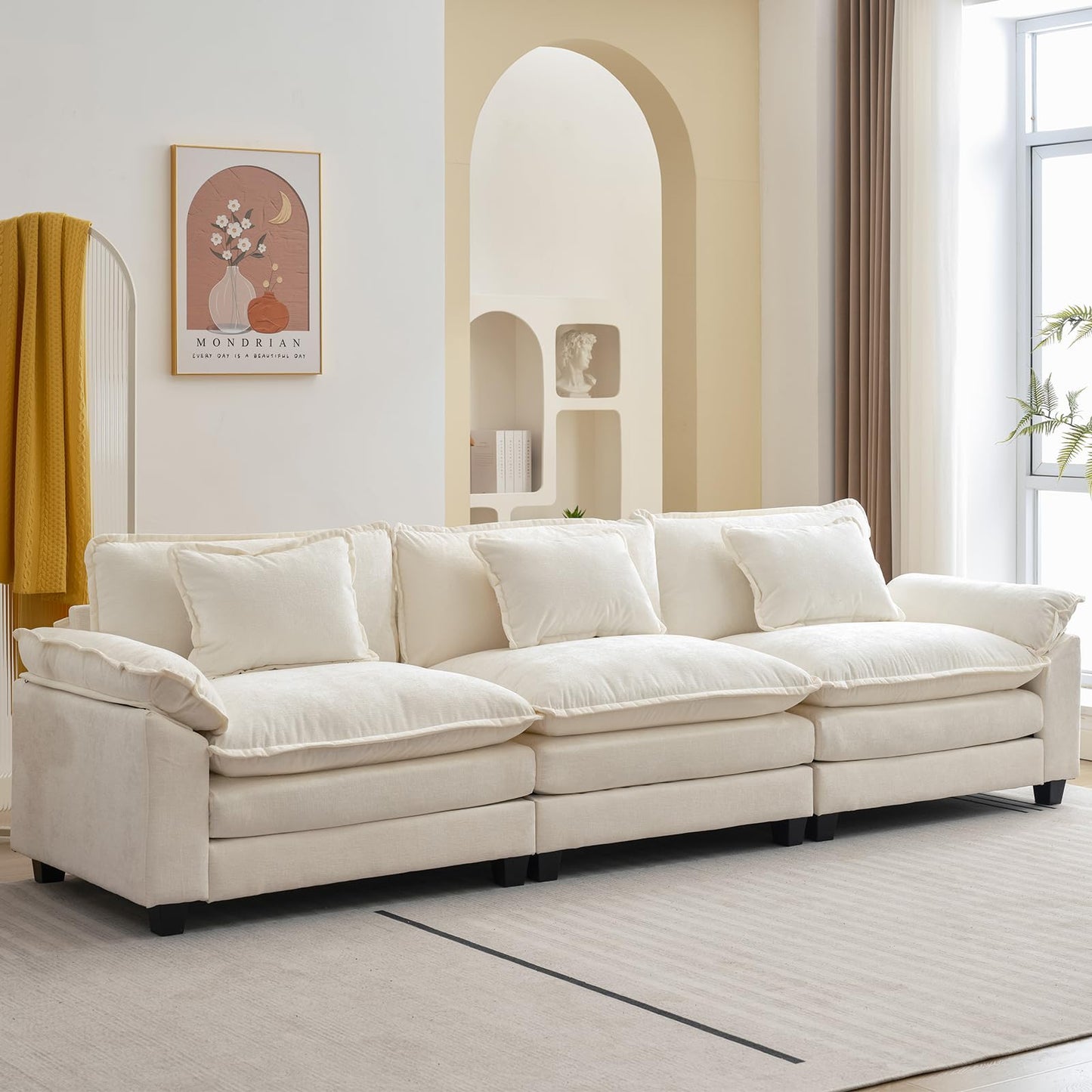 120" Modular Sectional Sofa, Comfy Cloud Couch Sectional Sofa with Ottoman, Chenille Sofa Sleeper Deep Seat Sofa with Throw Pillows for Living Room (Beige White, 120"- U Shape)