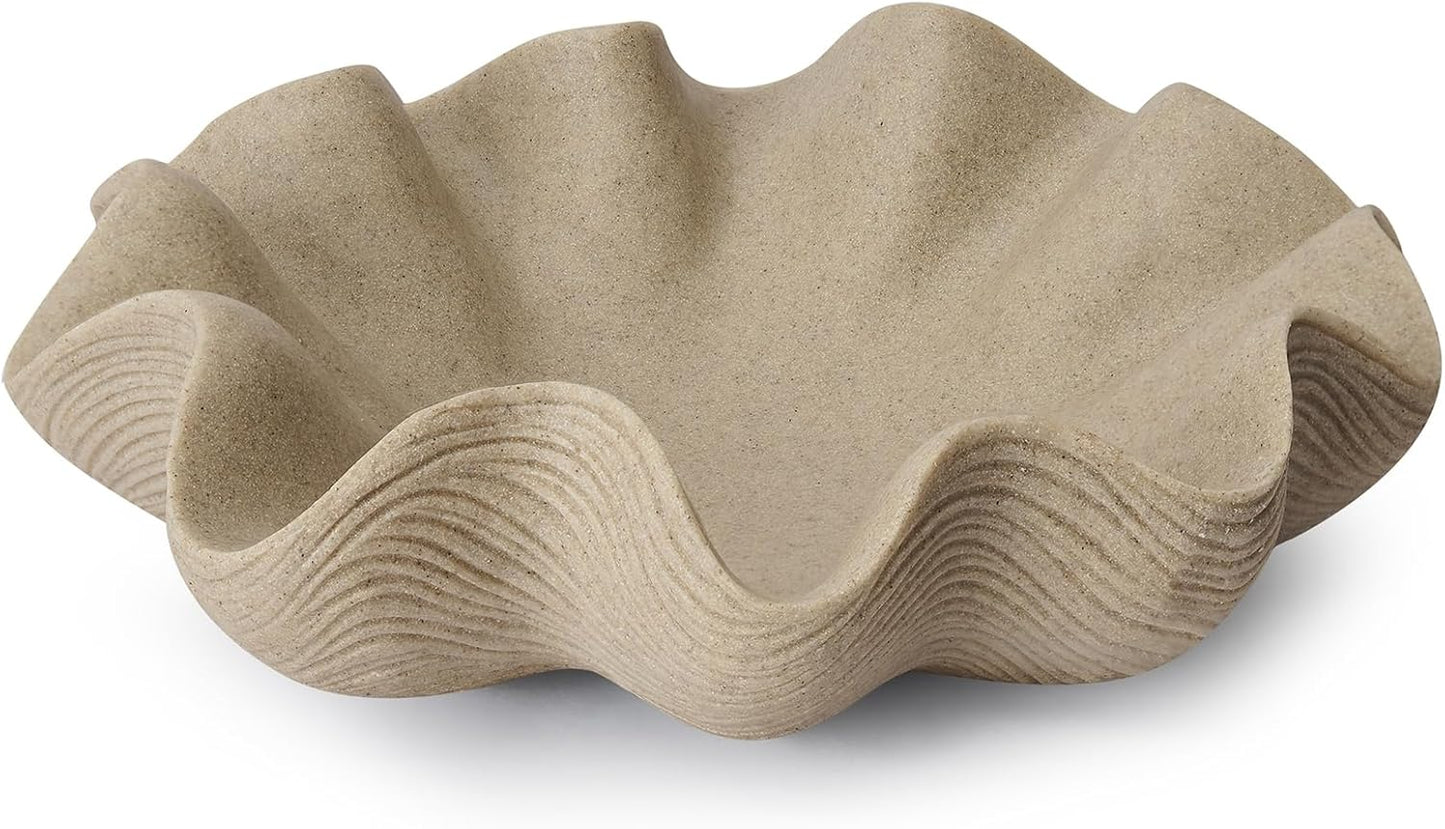 Scalloped Decorative Bowl Home Decor - 12.6" Modern Handicraft Large Shell Ruffle Decorative Fruit Bowl for Kitchen Counter, Chic Key Tray for Entryway Table, Artificial Stone Beige