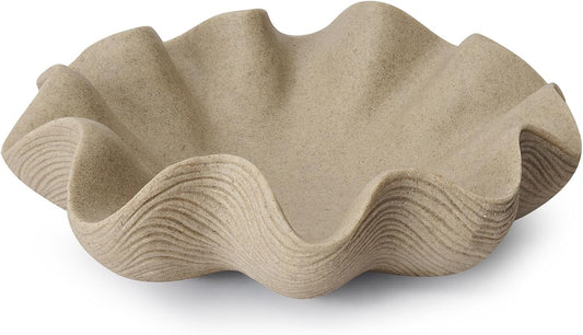 Scalloped Decorative Bowl Home Decor - 12.6" Modern Handicraft Large Shell Ruffle Decorative Fruit Bowl for Kitchen Counter, Chic Key Tray for Entryway Table, Artificial Stone Beige