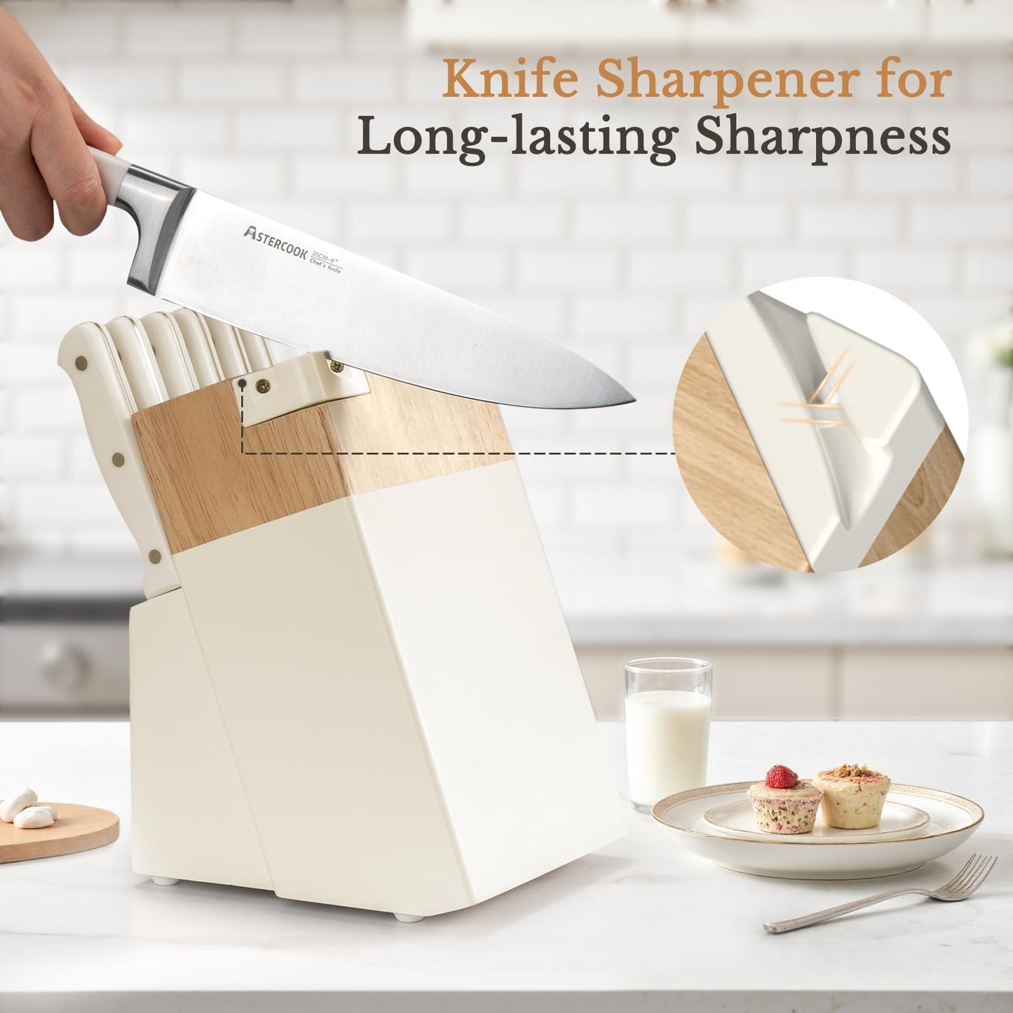 Knife Set,Astercook Kitchen Knife Set with Block 22-Piece Full Tang Stainless Steel Knives with Sharpener Dishwasher Safe and Anti-Slip Ergonomic Handle Elegant Cream White Utensils Set