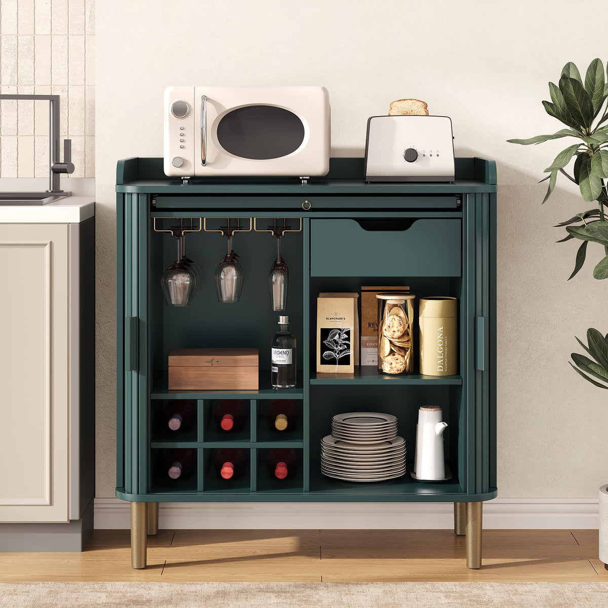33" H Fluted Bar Cabinet with Storage, Wine Cabinet