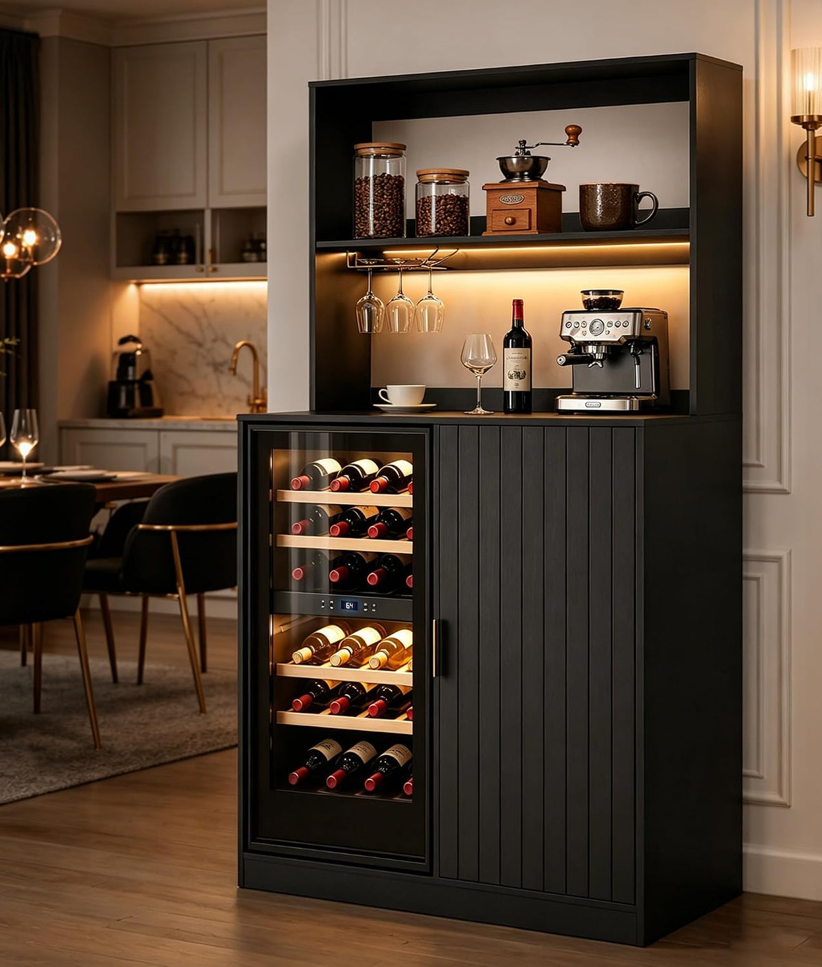 Mini Fridge Cabinet with Hutch and Wine Glass Rack