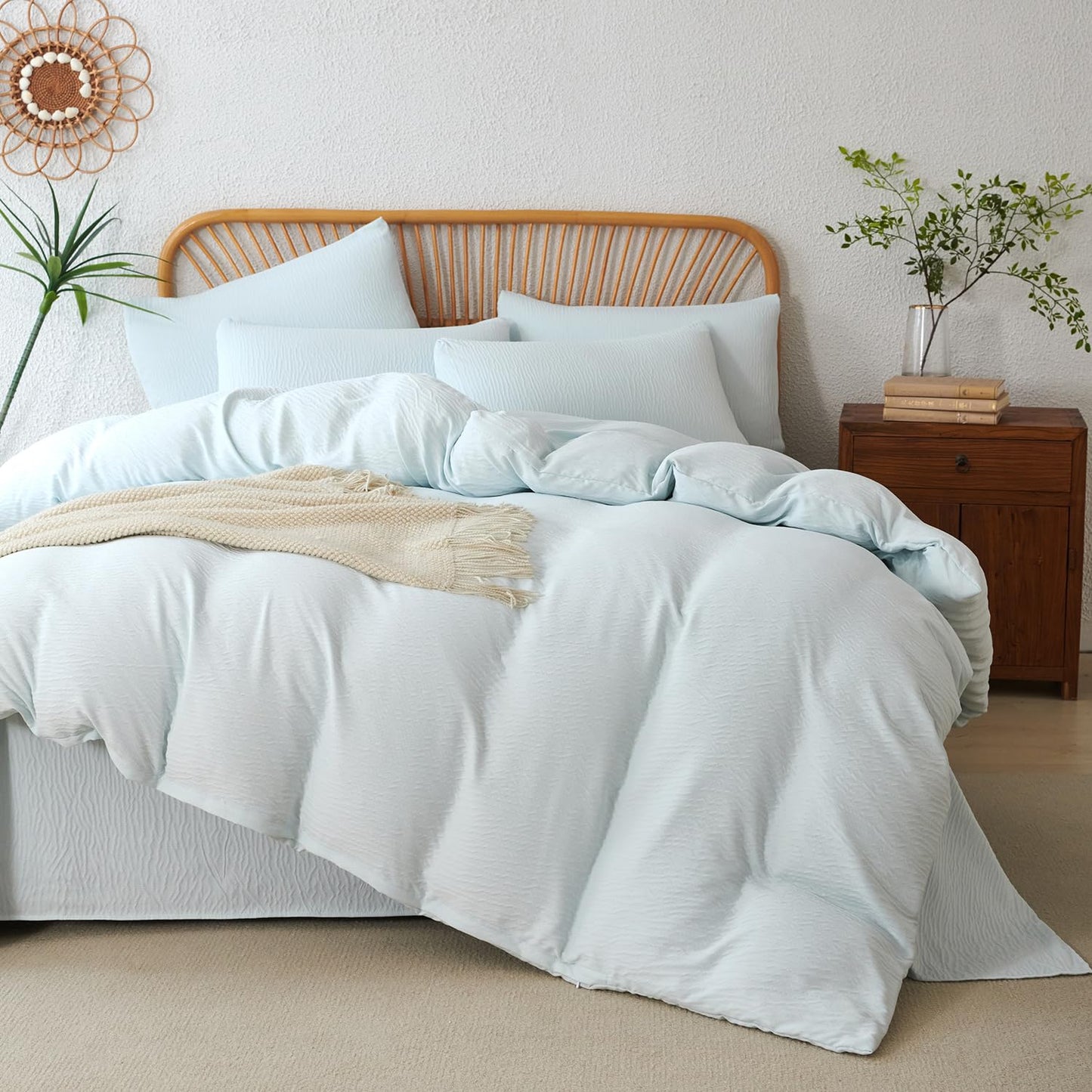 Striped Duvet Cover Queen Beige Washed Microfiber Jacquard 3 Pieces Bedding Set, White Beige Vertical Ticking Stripes Pattern Comforter Cover with Zipper Closure Breathable Durable Soft Comfy