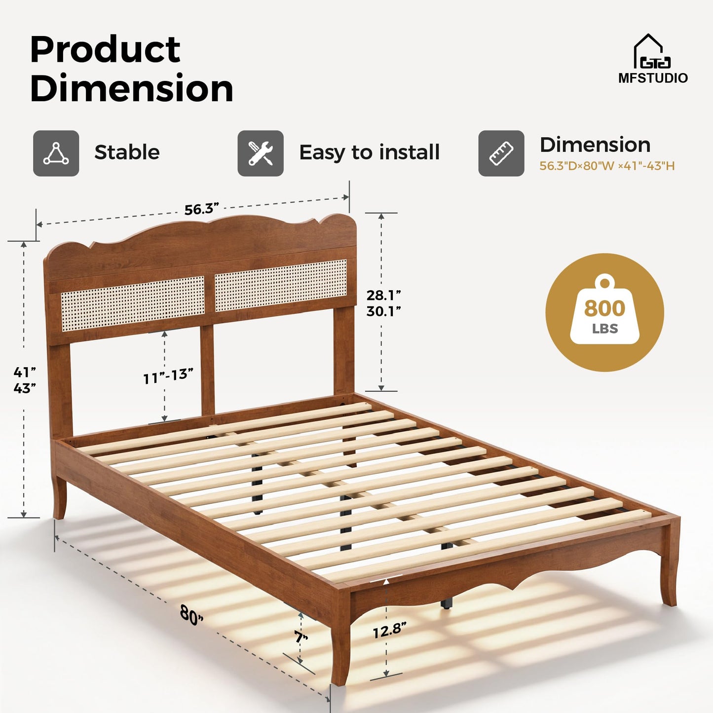 King Wood Bed Frame with Rattan Headboard