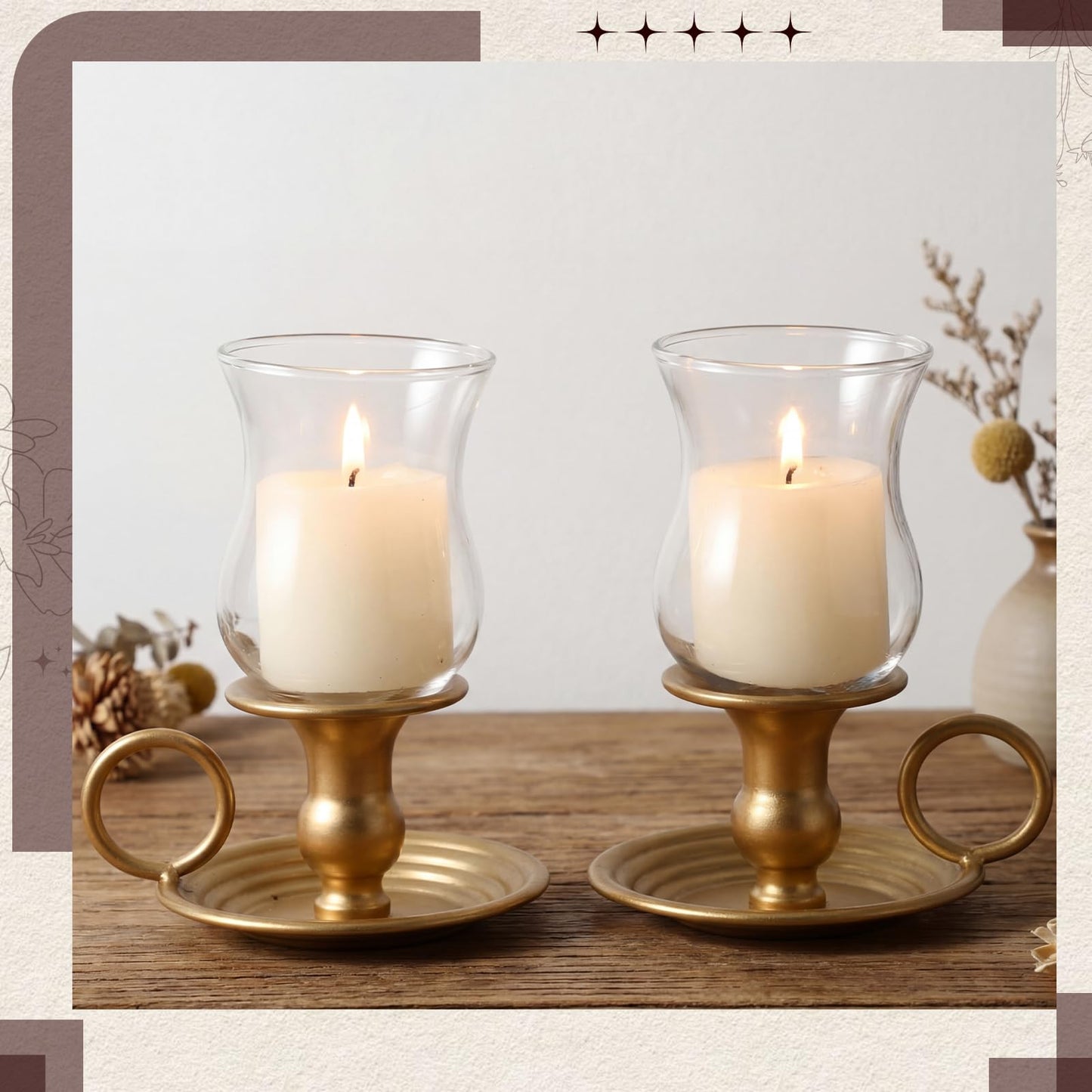 2 Set Hurricane Candle Holders Brass Metal