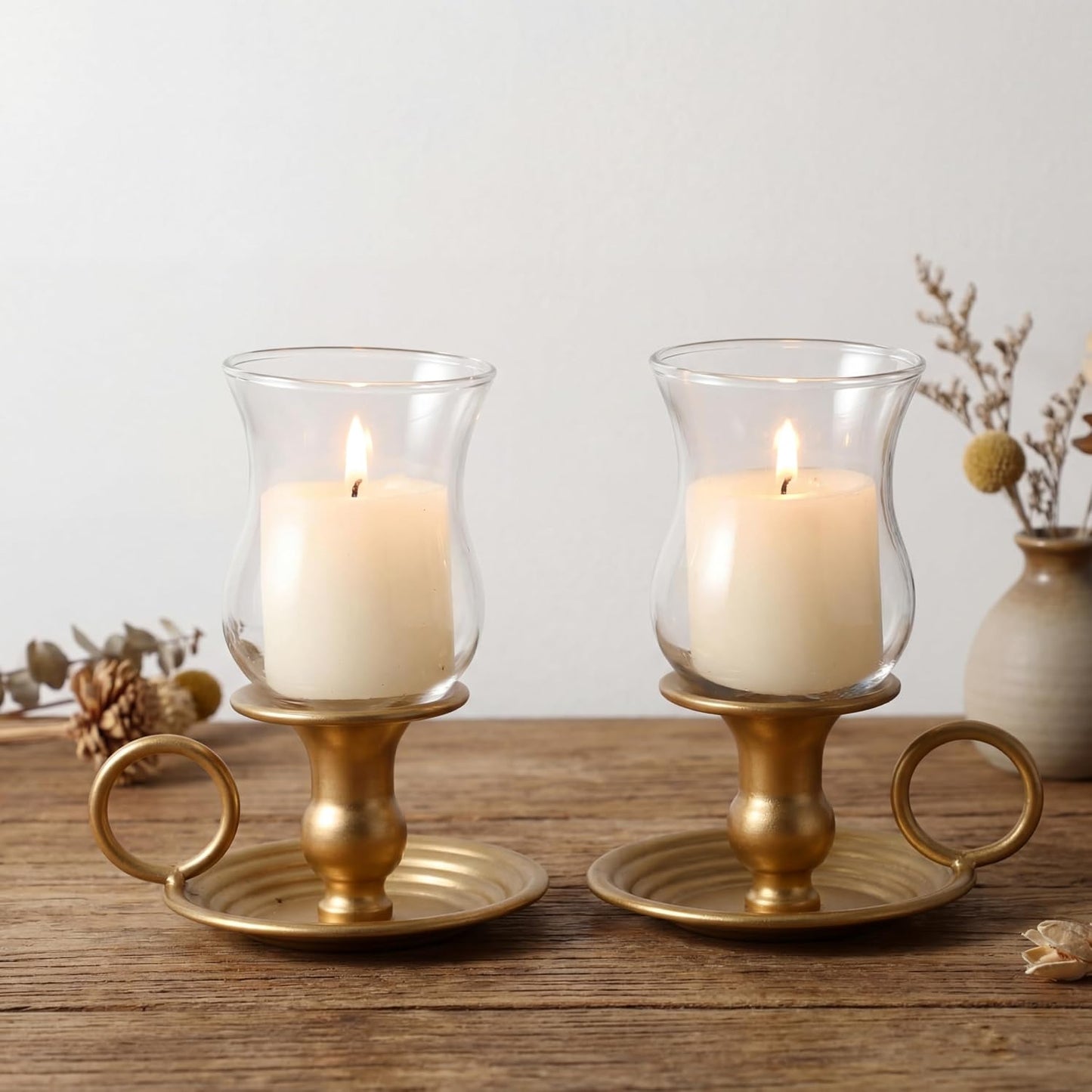 2 Set Hurricane Candle Holders Brass Metal