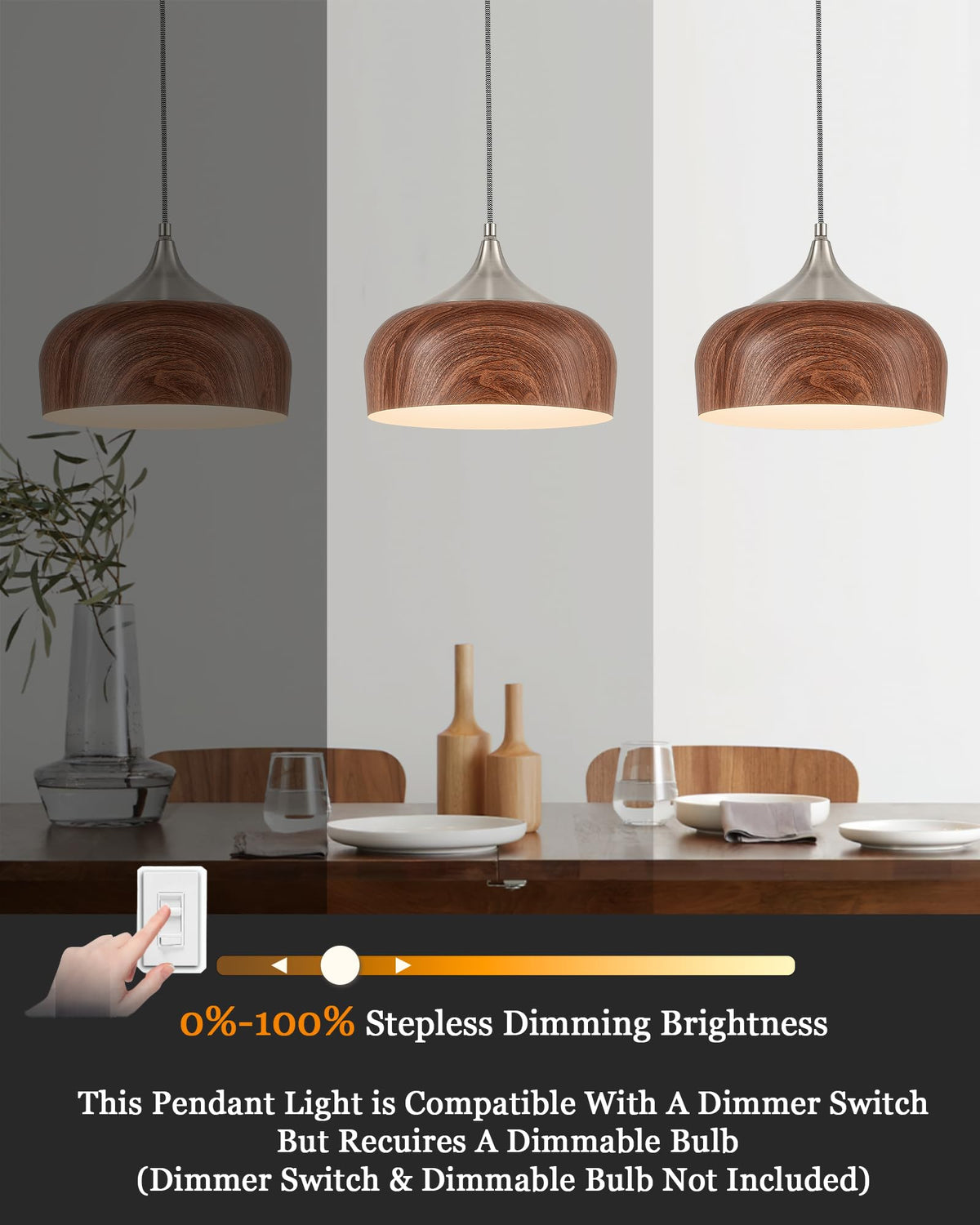 Modern Walnut Wooden Pendant Dome Light