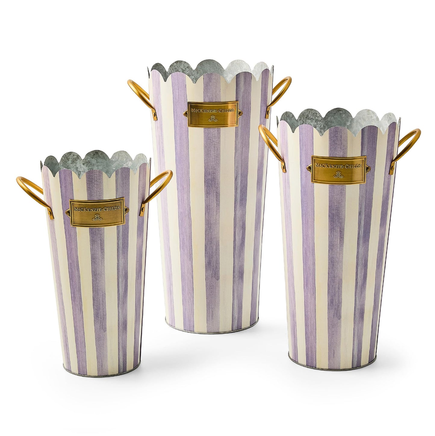 MACKENZIE-CHILDS Set of 3 Galvanized Flower Buckets, Decorative Metal Buckets, Black-and-White Courtly Stripe