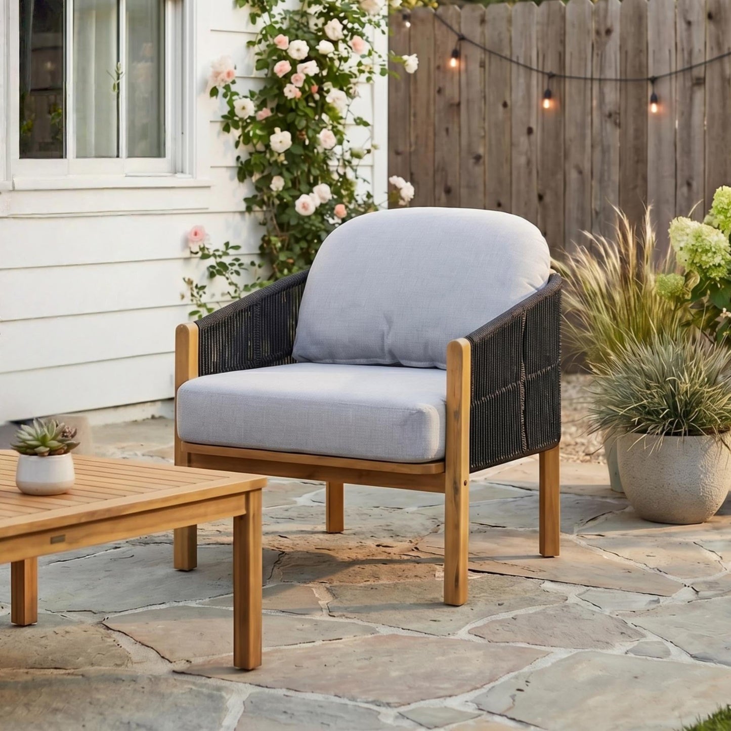 Merax Patio Chairs Set of 2, Acacia Wood Outdoor Club Chair with Cozy 5.75" Thick Cushion & Rope-Weave Backrest, Bohe Style Patio Dining Armchair Chairs for Garden Balcony Outside Dining Relax, Beige