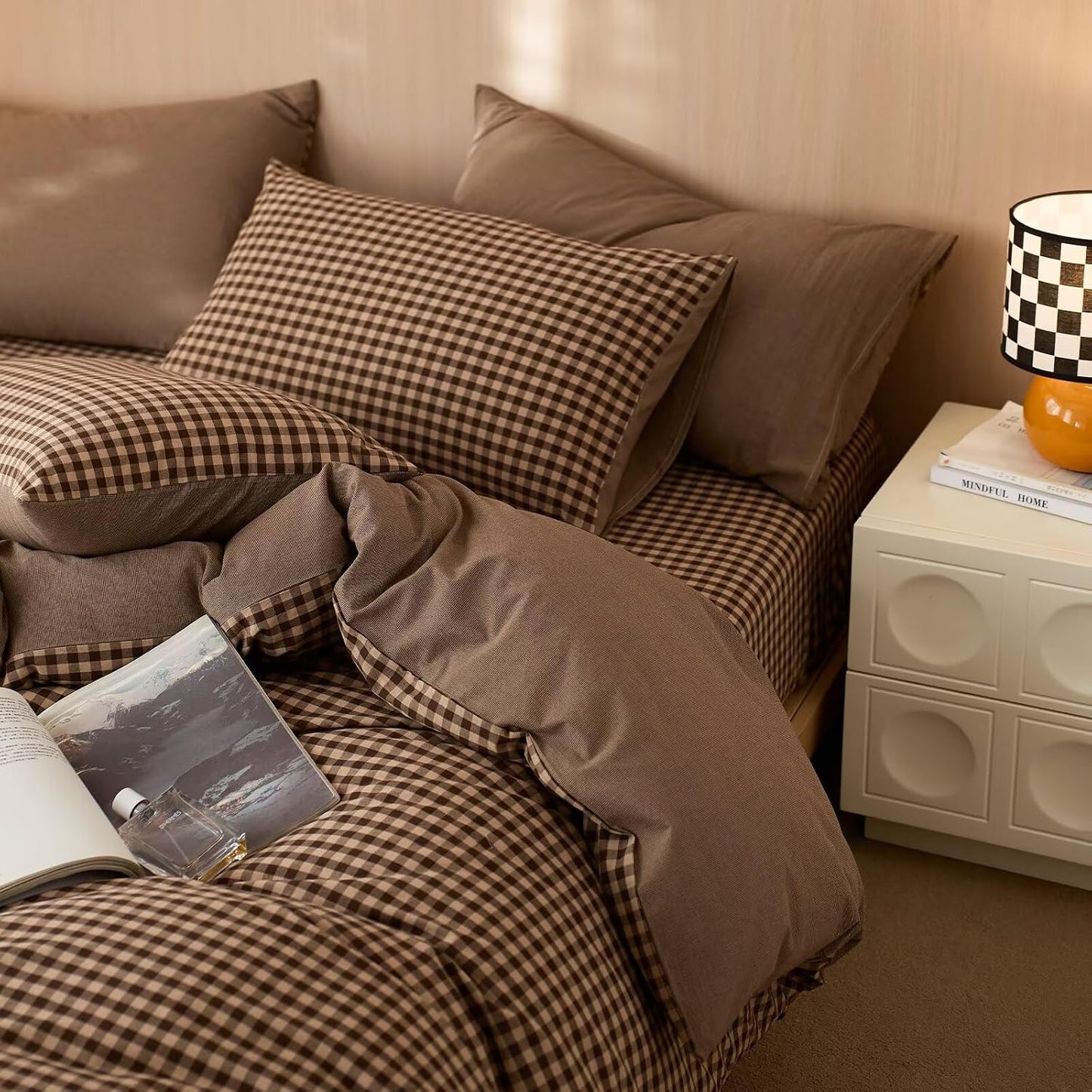 Duvet Cover Set - Brown Plaid Gingham Comforter Cover with Zipper Closure