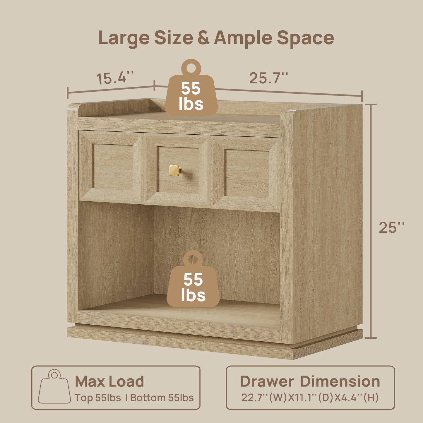 SICOTAS Night Stand Set 2, 26" Wide Nightstands with Drawer, Large Queen Size Nightstands Set of 2, Modern Bedside Table for Bedroom, Side End Table (Brown Oak, 26-Inch)
