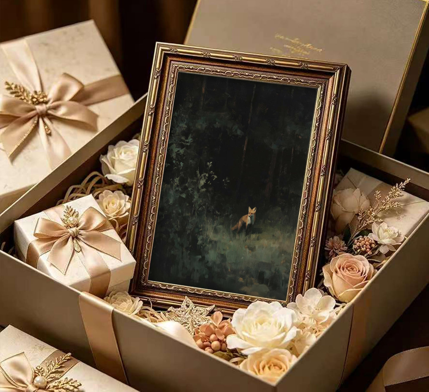 Vintage Gold Framed Moody Flower Canvas Wall Art