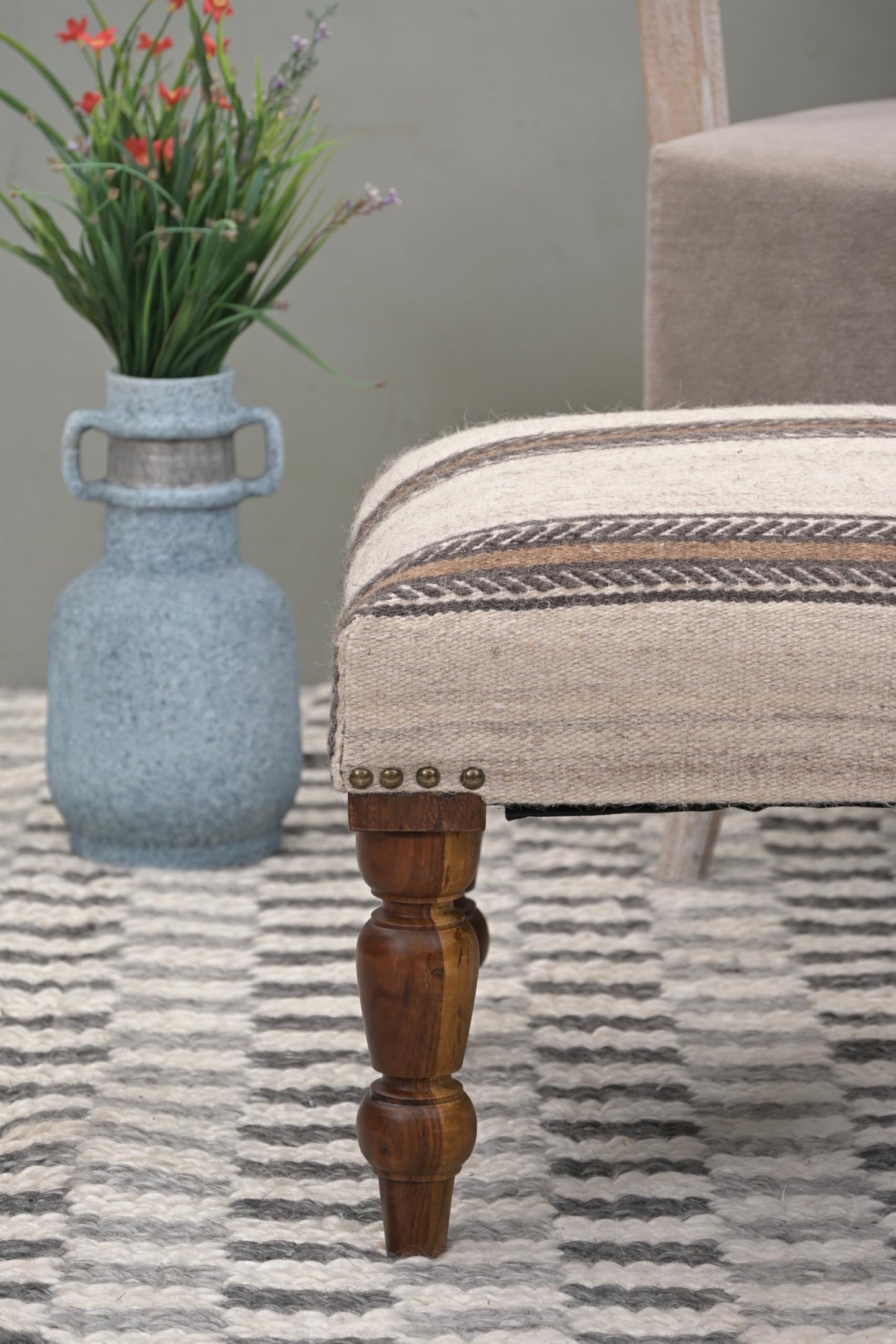 Handmade Jute Ottoman Stool with Wooden Legs