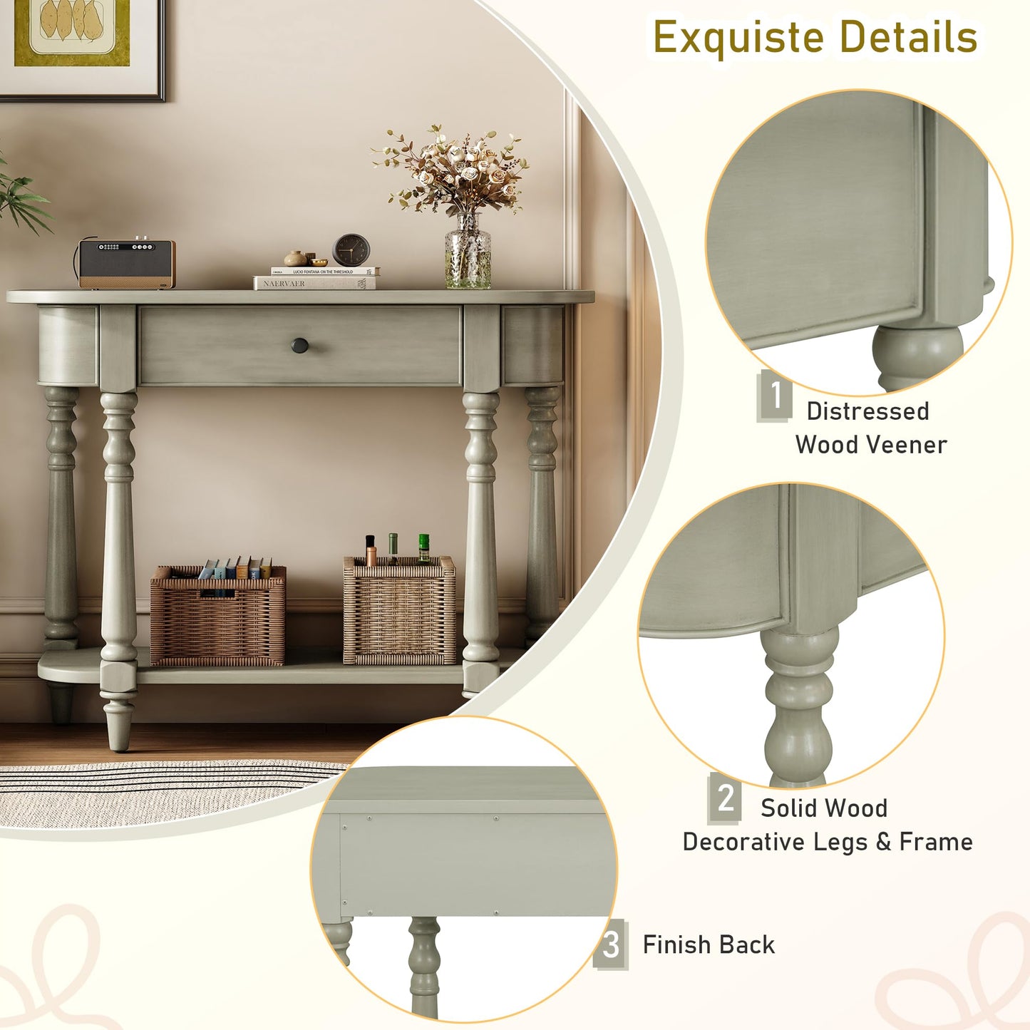 36-Inch Retro Console Sofa Table with Drawer & Storage Shelf