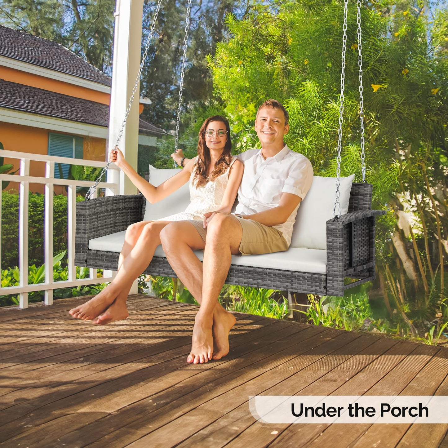 VINGLI 2.4 FT 1-Person Use Round Rattan Porch Swing Outdoor Support 440 LBS with Cushions & Adjustable Chains, Patio Wicker Swing Bench Chair for Garden, Yard, Lawn, Tree, Brown