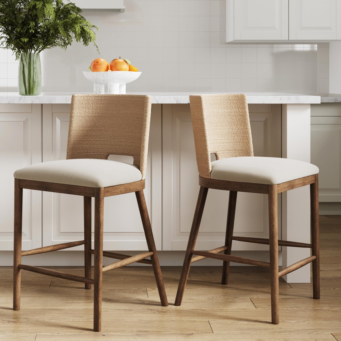 Nathan James Rikki Seagrass Bar Stool with Back, 2-Pack Boucle Counter Stool with Upholstered Seat, Solid Wood Frame, and Woven Seagrass Backrest